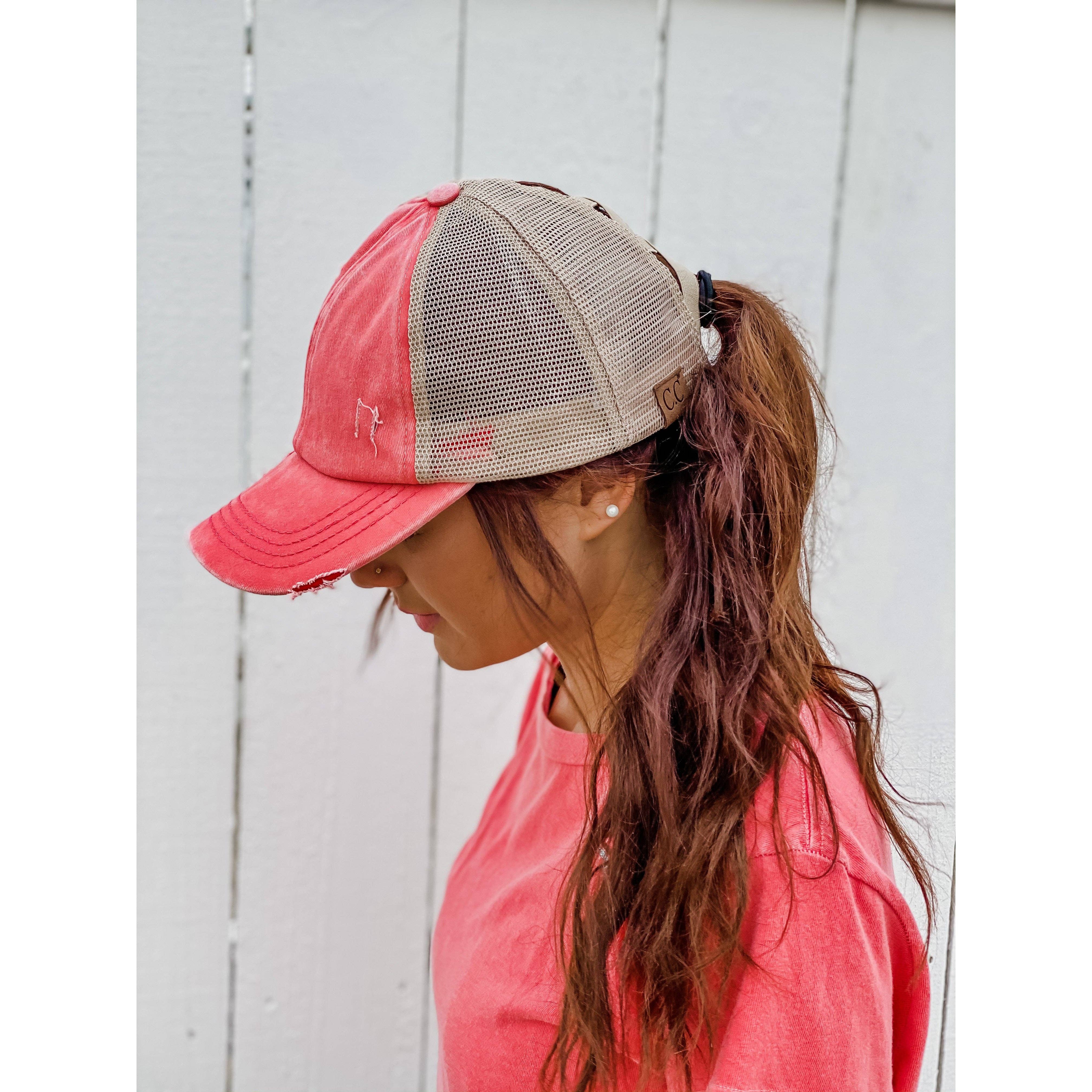 Washed Denim Criss Cross High Pony CC Baseball Hat