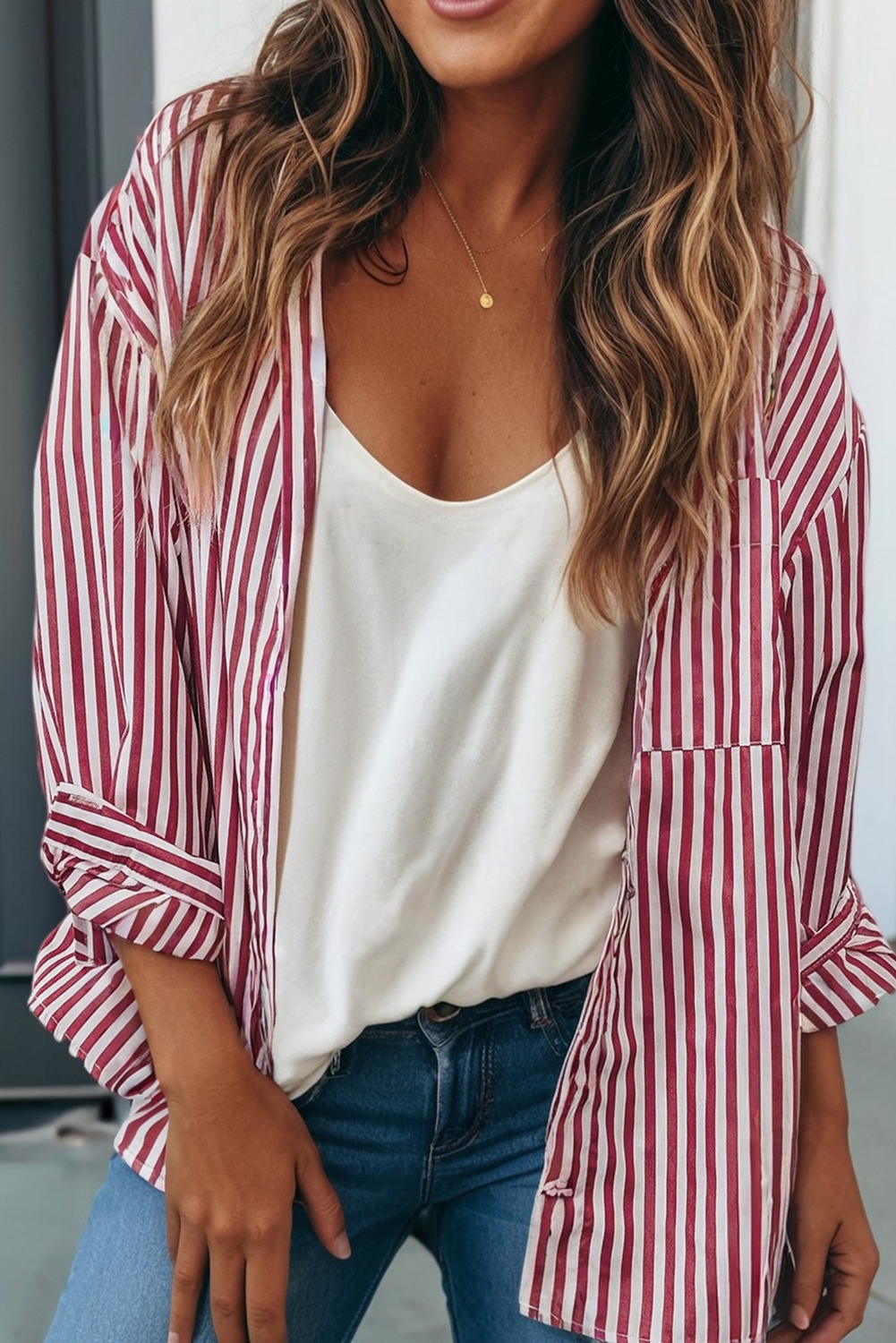 Ruby Striped Patched Side Slit Loose Shirt