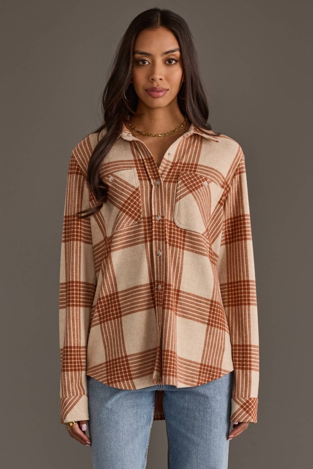 Cream & Rust Plaid Button Up
