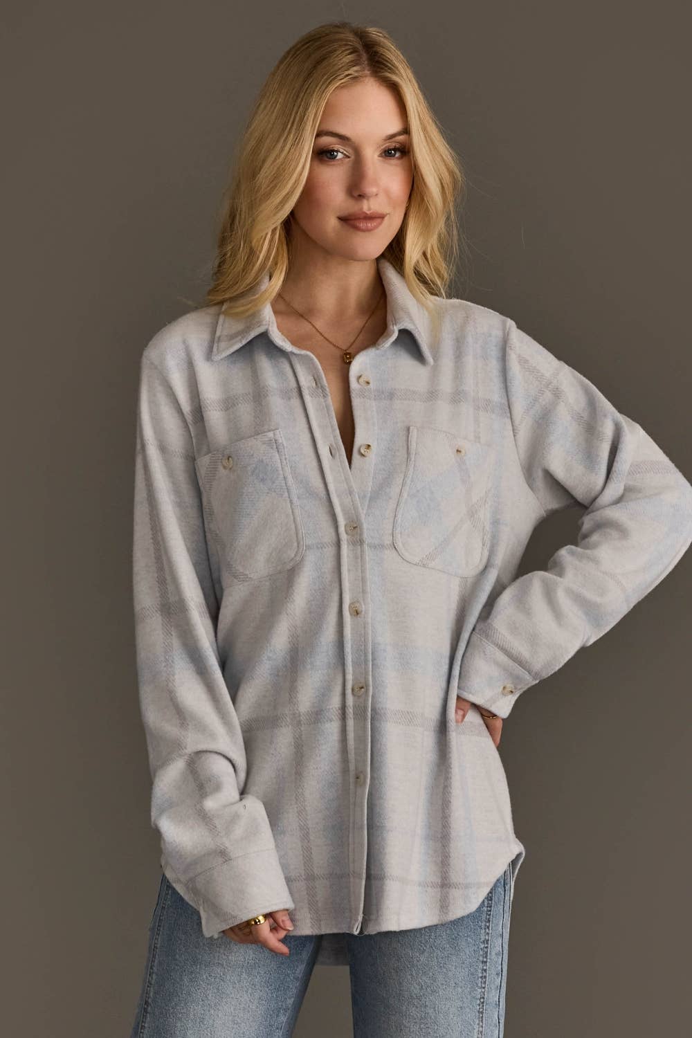 White, Gray & Light Blue Plaid Buttery Soft Button Up