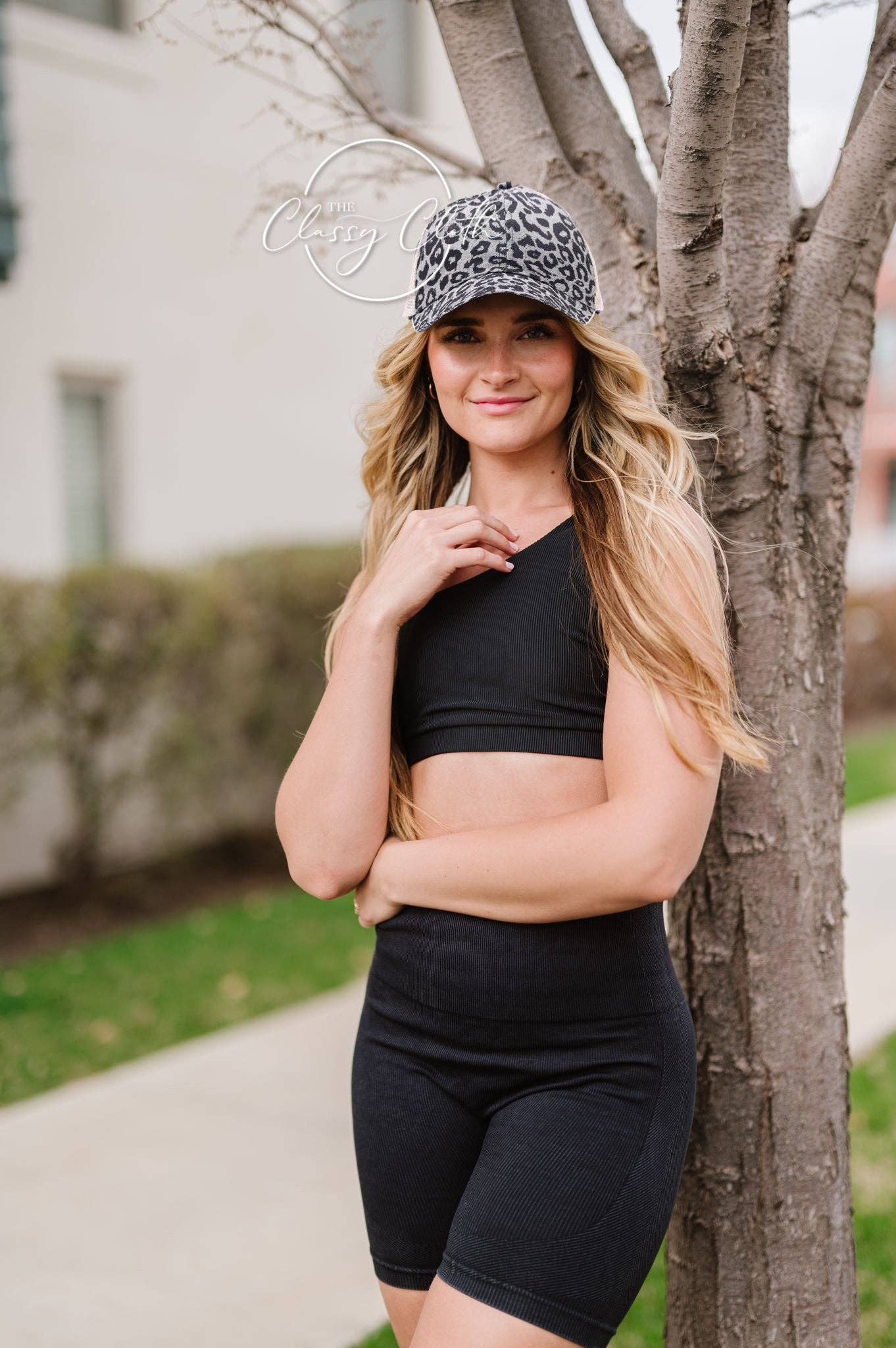 Ponytail Criss Cross Trucker Hat - Grey Leopard RTS