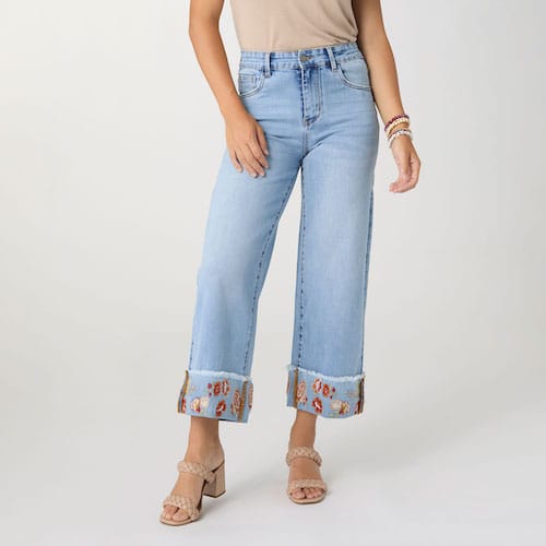 CoCo Carmen Embriodered Cuff EverStretch Wide Leg Crop Light Denim