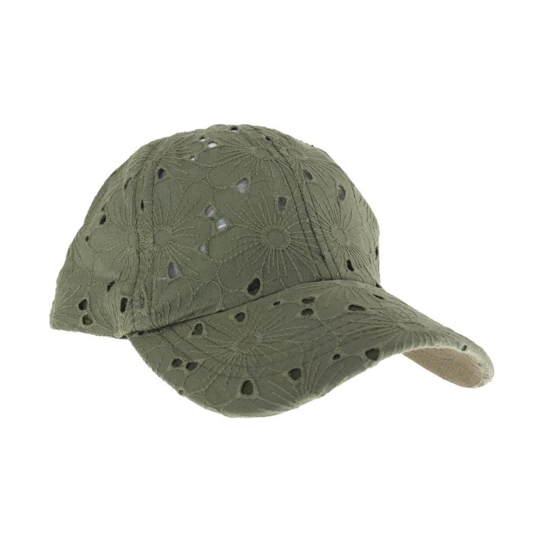 Embroidered Floral Cotton Eyelet High Pony Baseball Hat