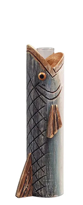 8.5" Wooden Fish Vase w/Glass