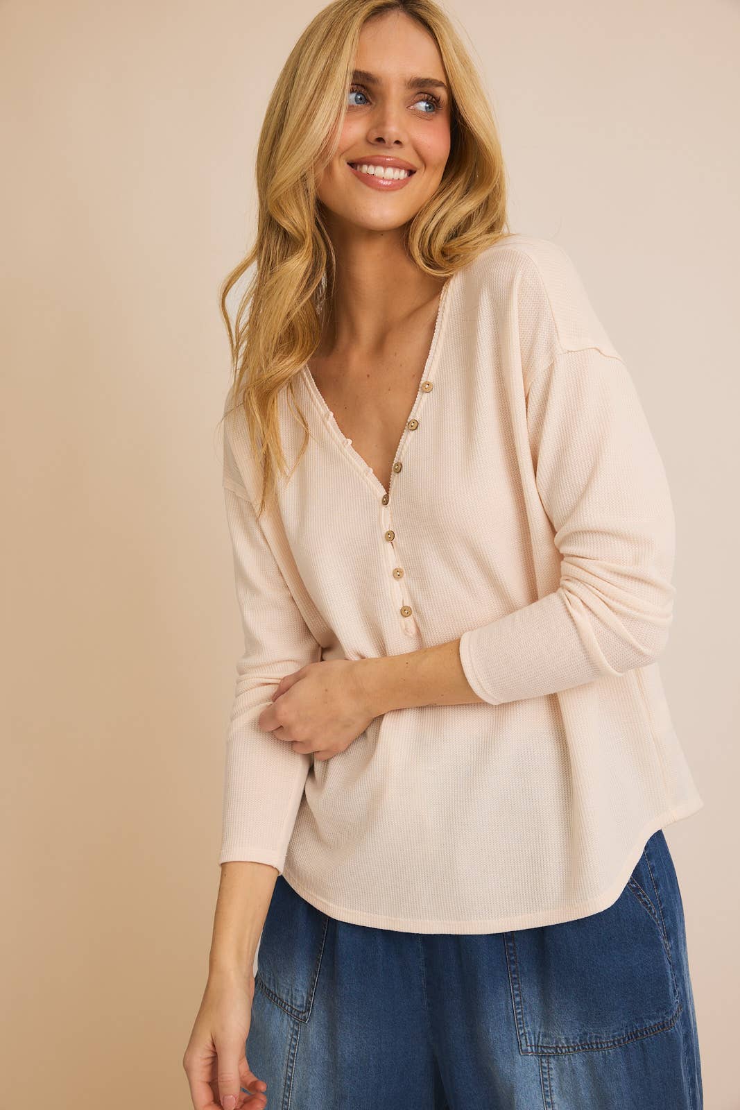 V-Neck Button Up Long Sleeve Top