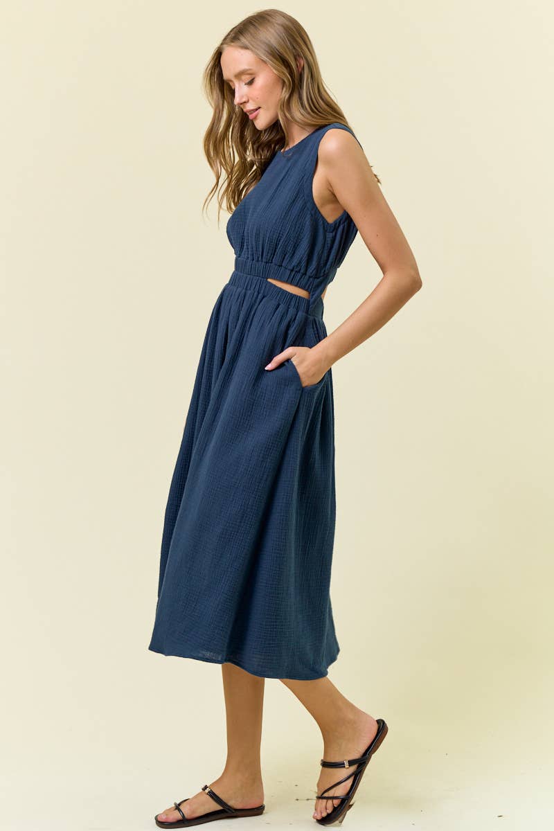 CUT-OUT WAIST MIDI DRESS W/ SIDE POCKET - 27920D: CORAL / S