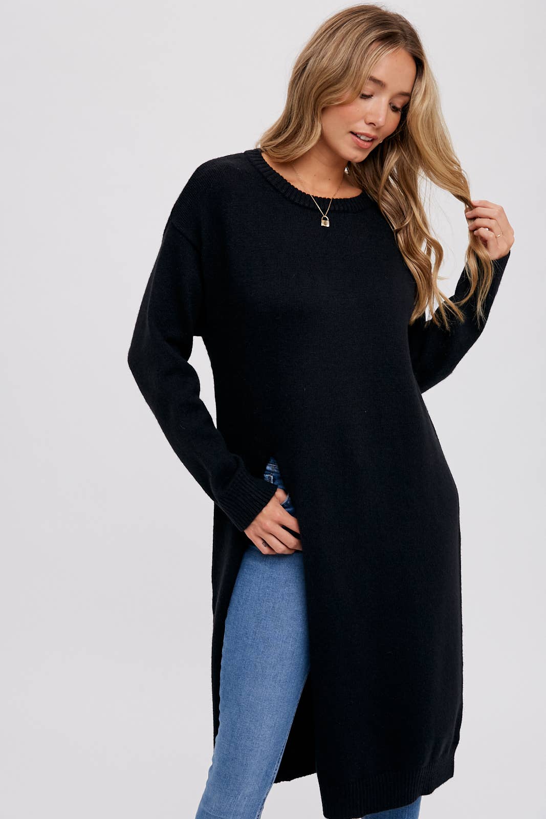 Black High Slip Longline Pullover Sweater