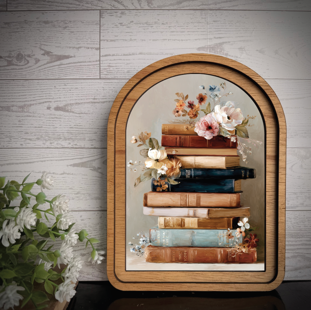Arch Frame Art Books Stacked Floral | Wood & Canvas: Small