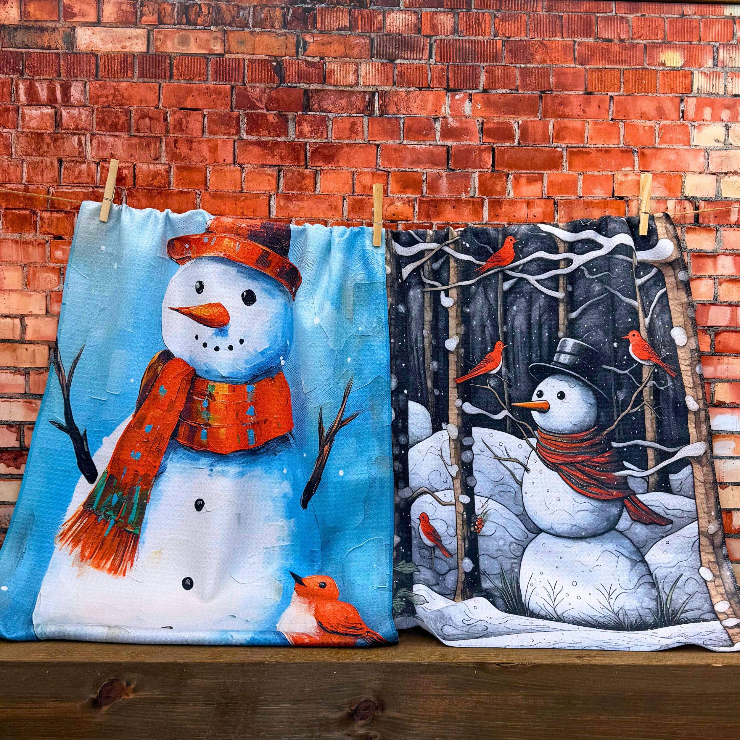 Snowman & Cardinals Kitchen Waffle Towels - Holiday Decor