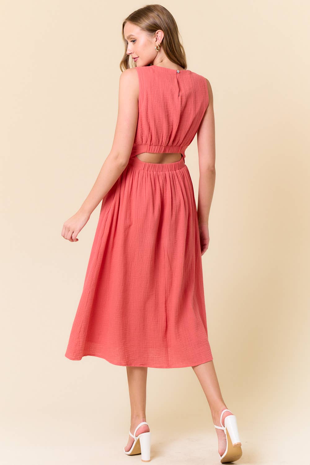 CUT-OUT WAIST MIDI DRESS W/ SIDE POCKET - 27920D: CORAL / L