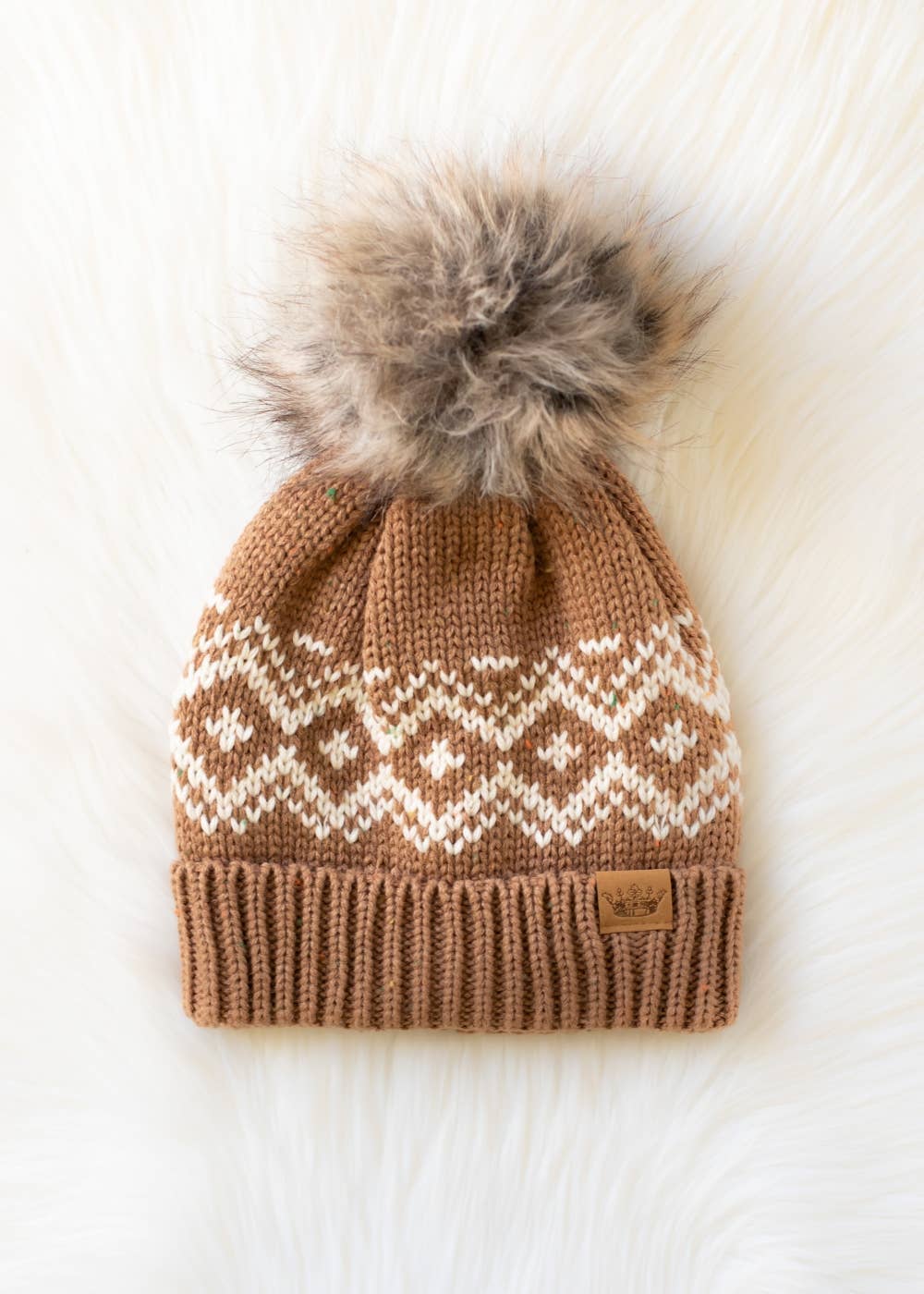 Brown & Speckled Patterned Pom Hat