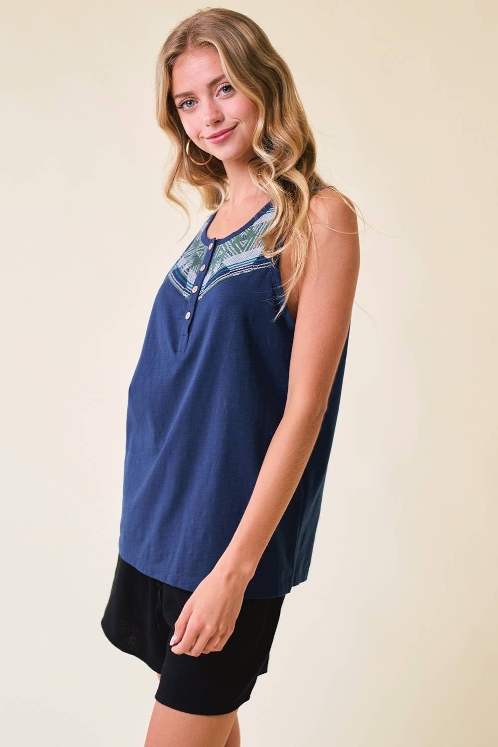 Blue Jacquard Yoke Button Tank