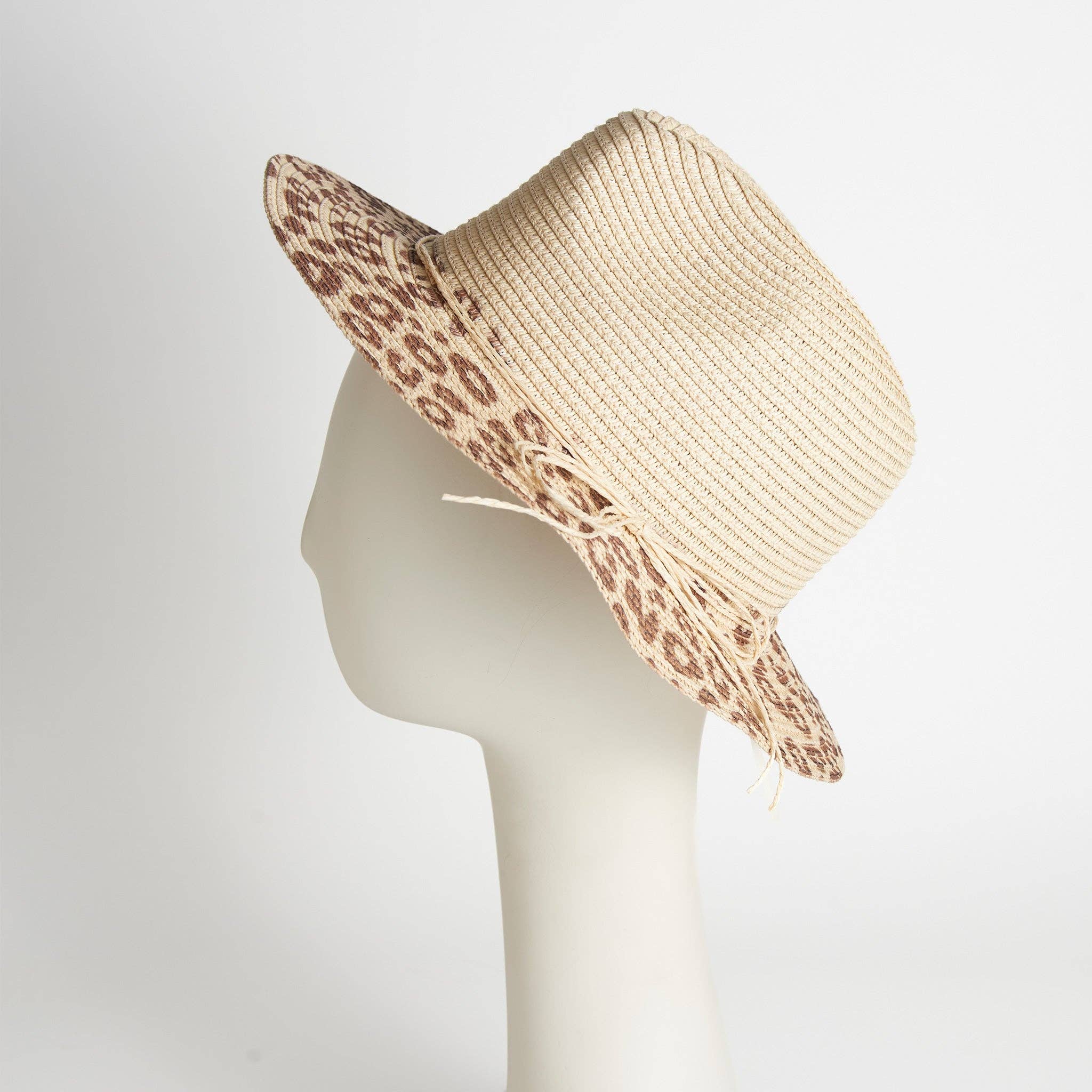 Elsie & Zoey Fedora Hat Michela Leopard Print Brim Panama: Ivory