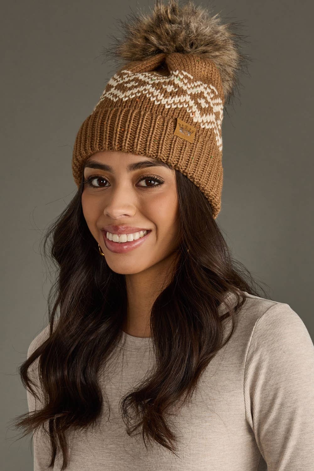 Brown & Speckled Patterned Pom Hat