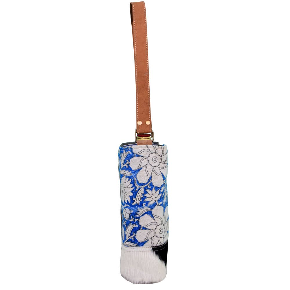 Floral Blue Wine Bag With Flower & Fur