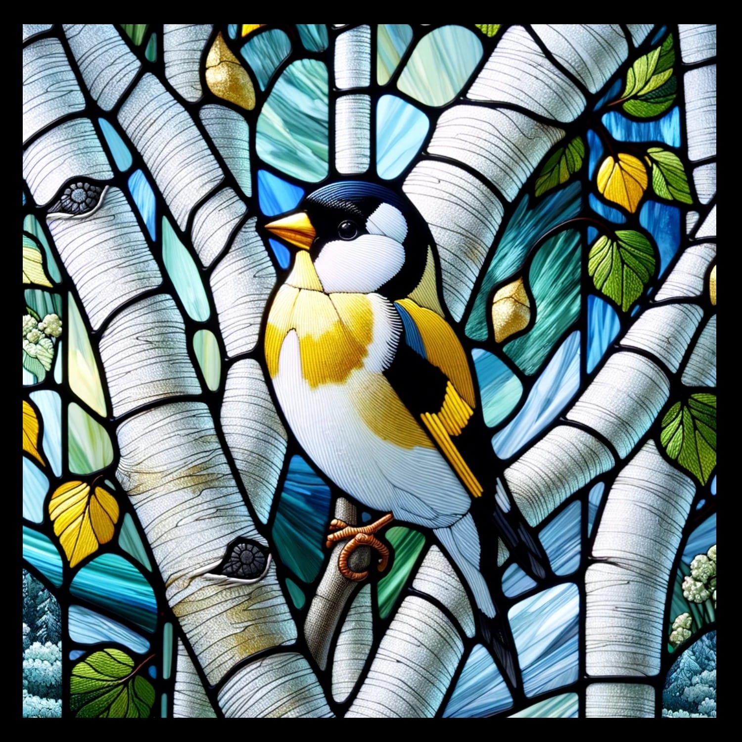 KG #63 (Kris - Cosmic Artware) Sun Catcher Finch on Birch Stained Glass Window Cling