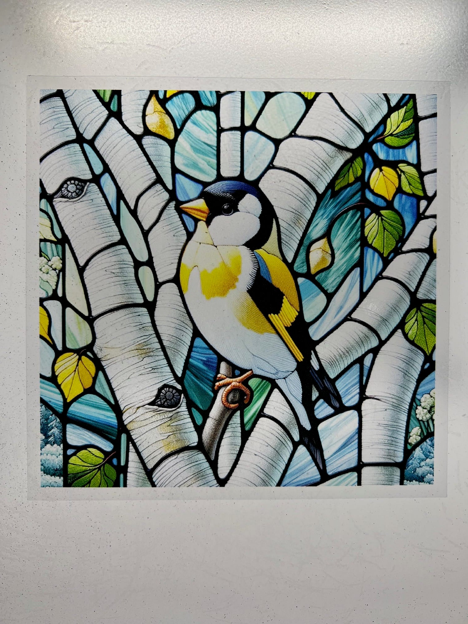 KG #63 (Kris - Cosmic Artware) Sun Catcher Finch on Birch Stained Glass Window Cling