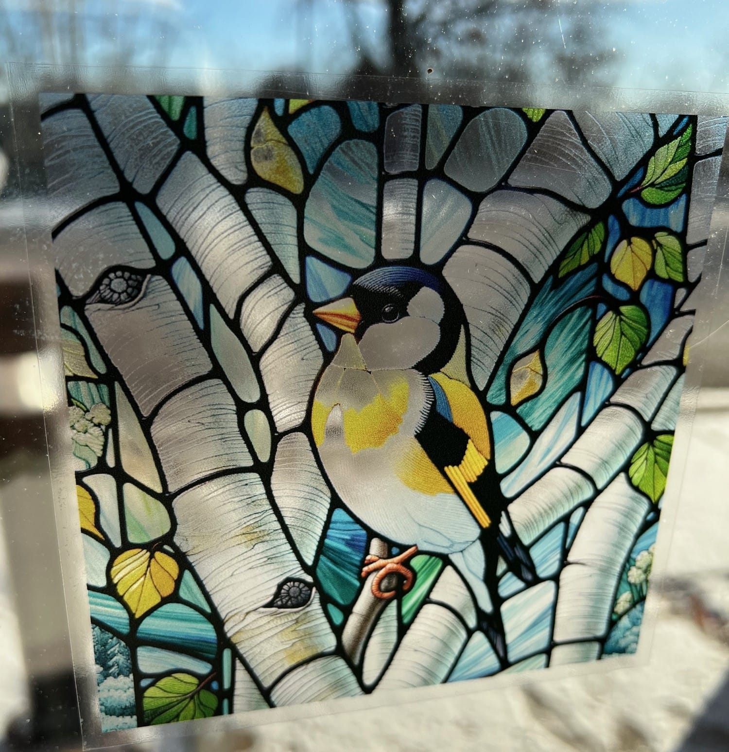 Finch on Birch Stained Glass Window Cling