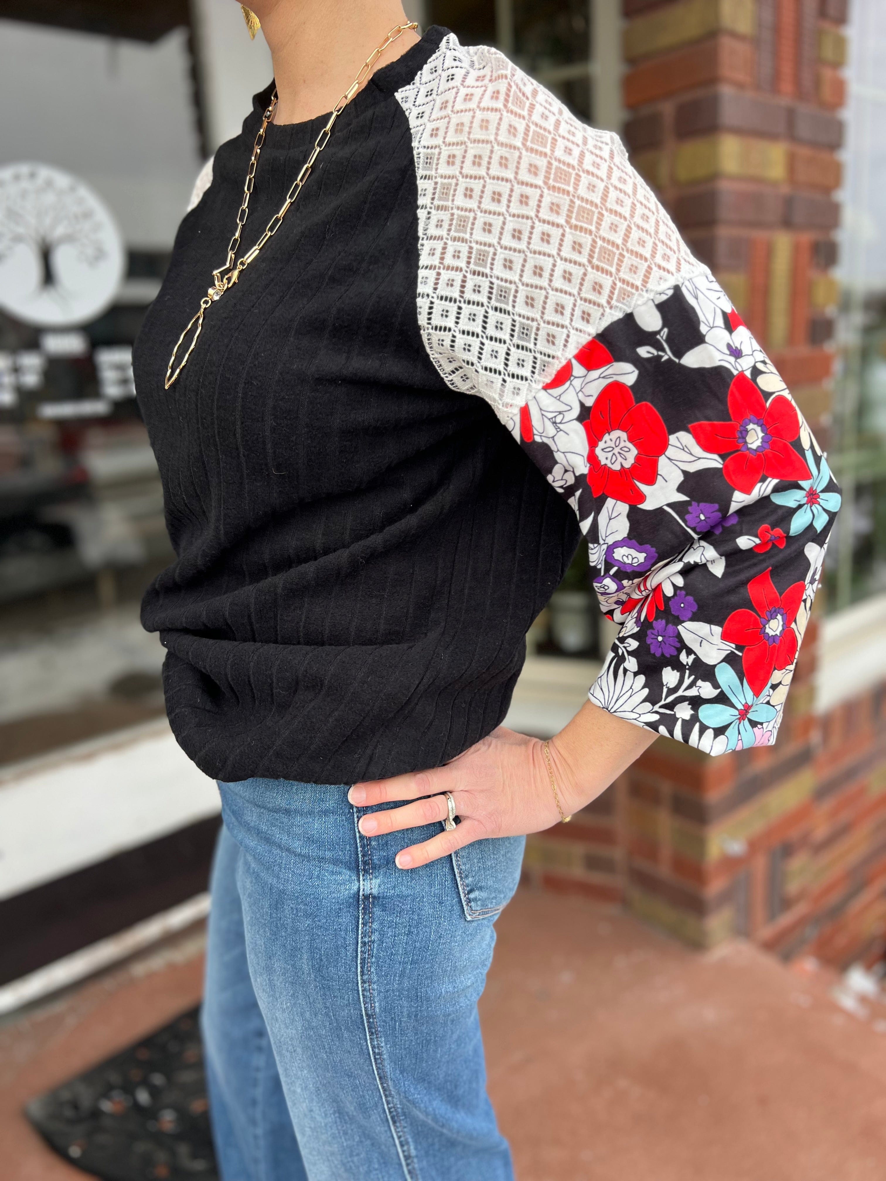 Floral Patchwork Long Sleeve Ribbed Blouse