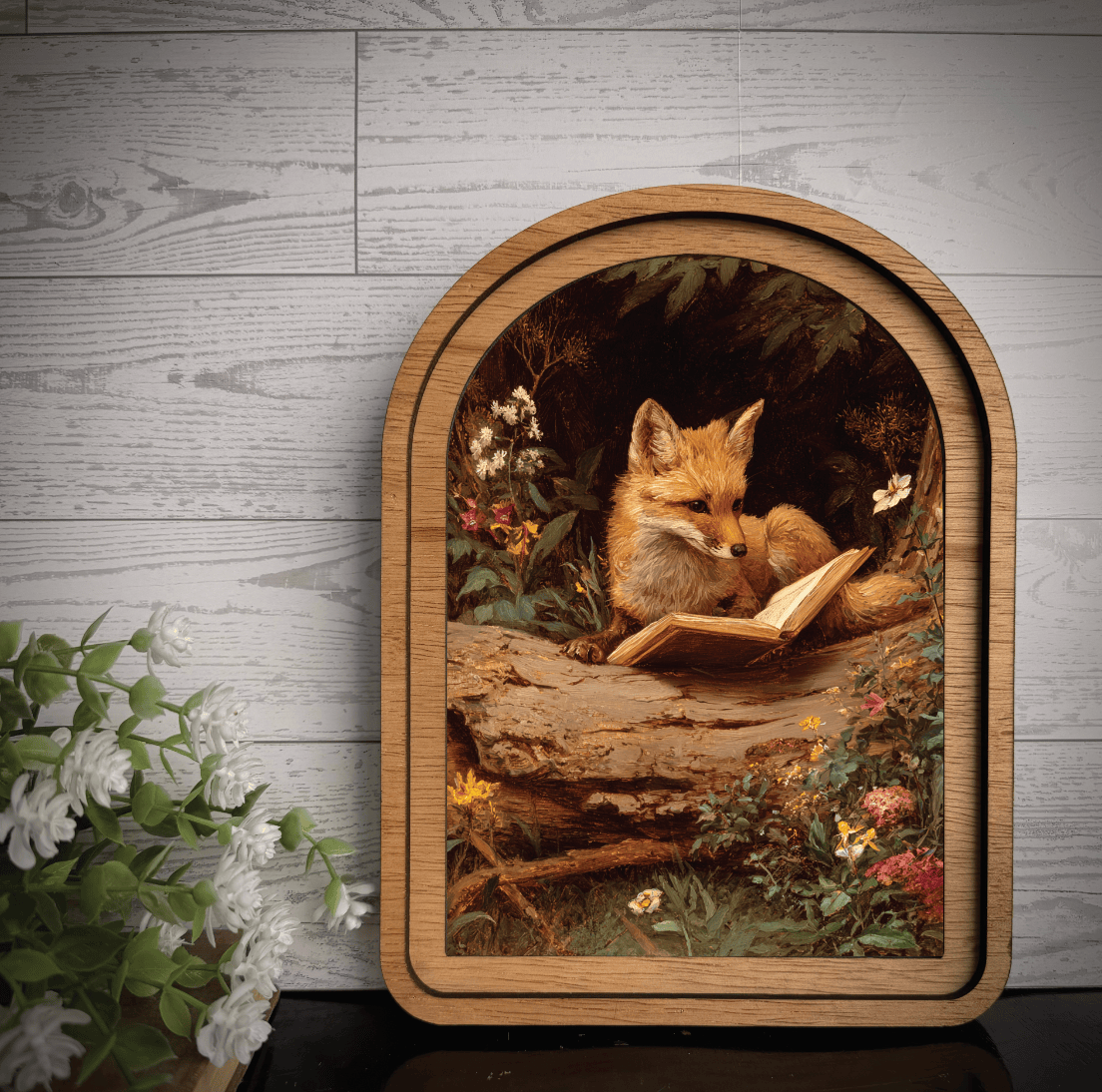 Maci Loo Makings Seasonal Decor Fox Reading Wood Arch Frame Art