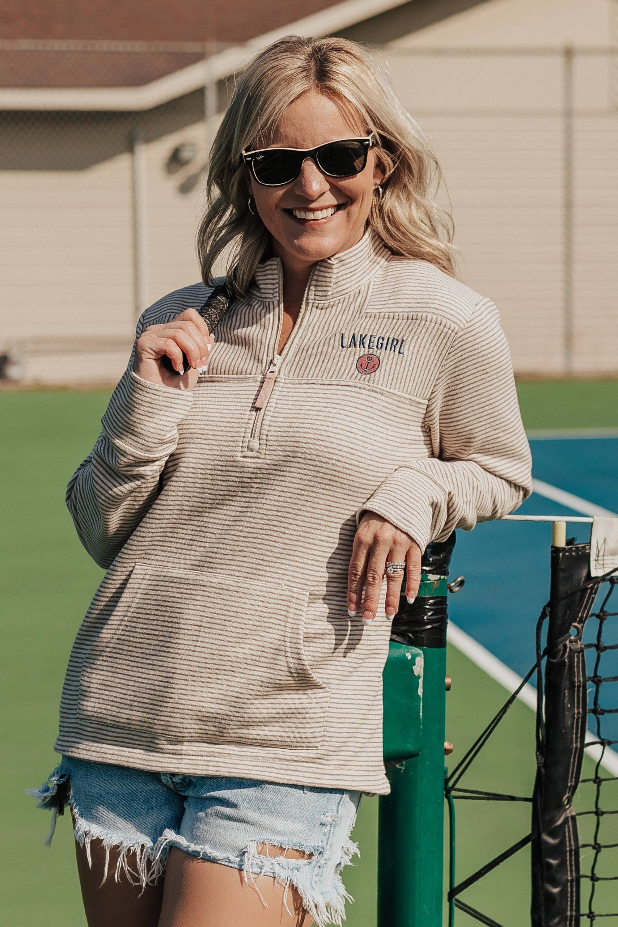 Lakegirl French Terry Stripe 1/4 Zip in Mocha: Cappuccino / S