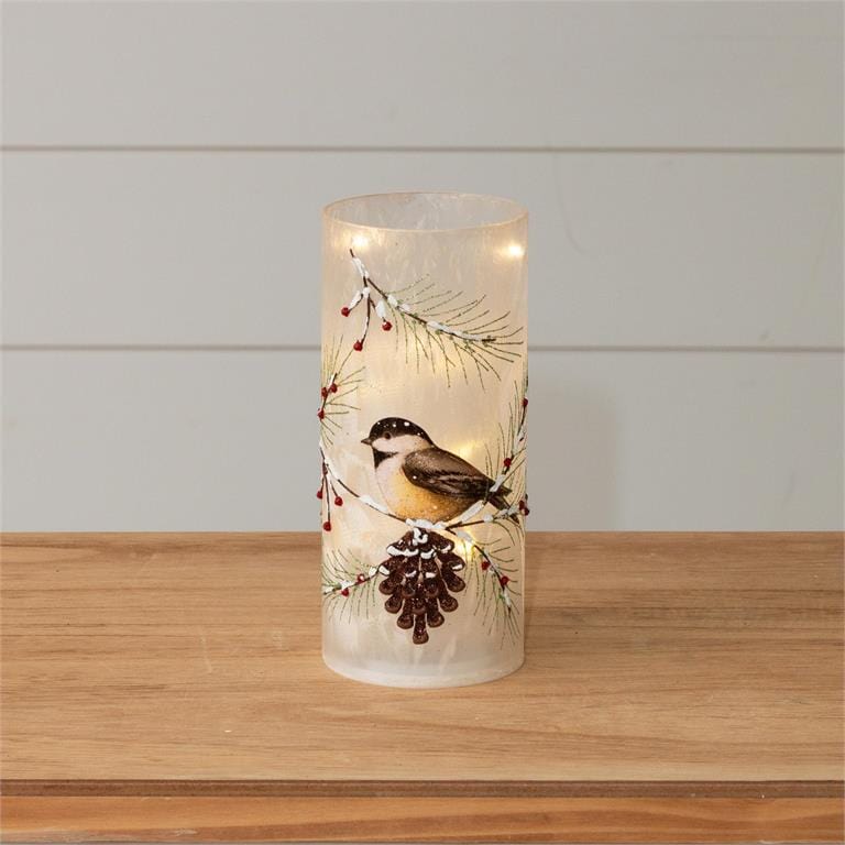 Frosted Glass LED Chickadee Pilar Candle
