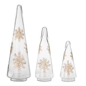 MJJ #8 Seasonal Decor Glass Cone Trees w/Gold Etched Snowflakes