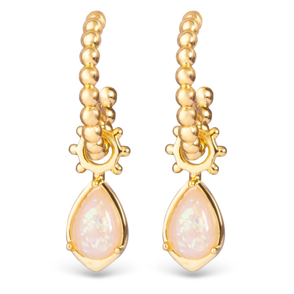 Gold Bead Huggie with Pear Shaped Opal Droplet