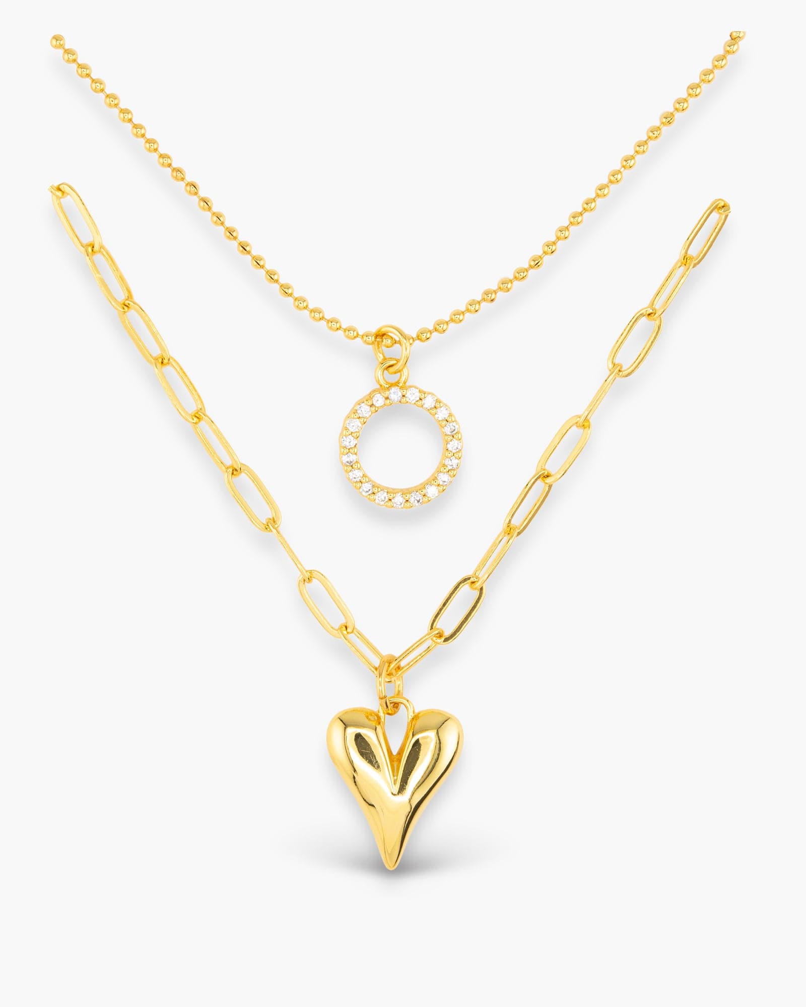 Gold CZ Dual Layer Circle Heart Necklace