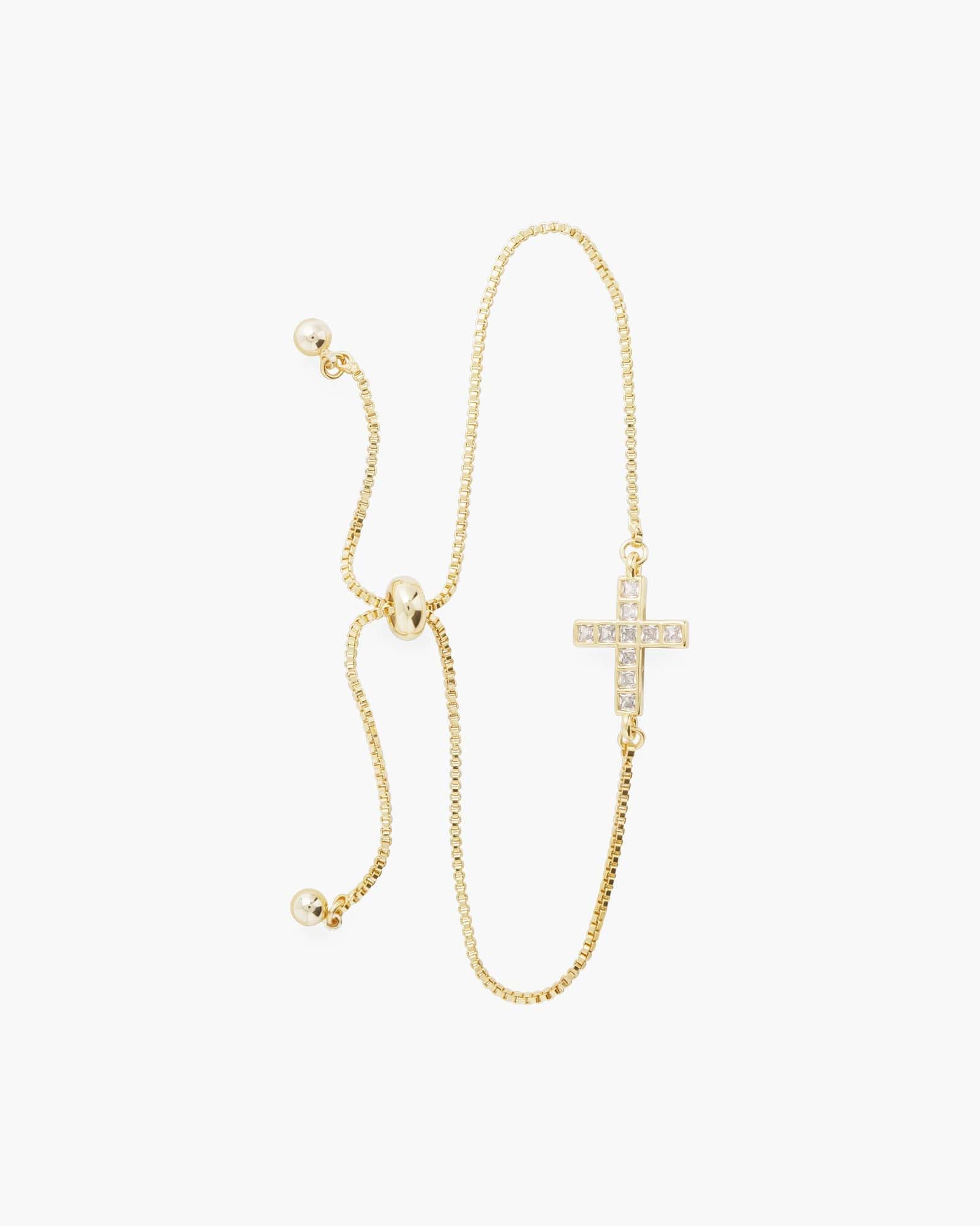Gold CZ Framed Cross Pull Cord Bracelet