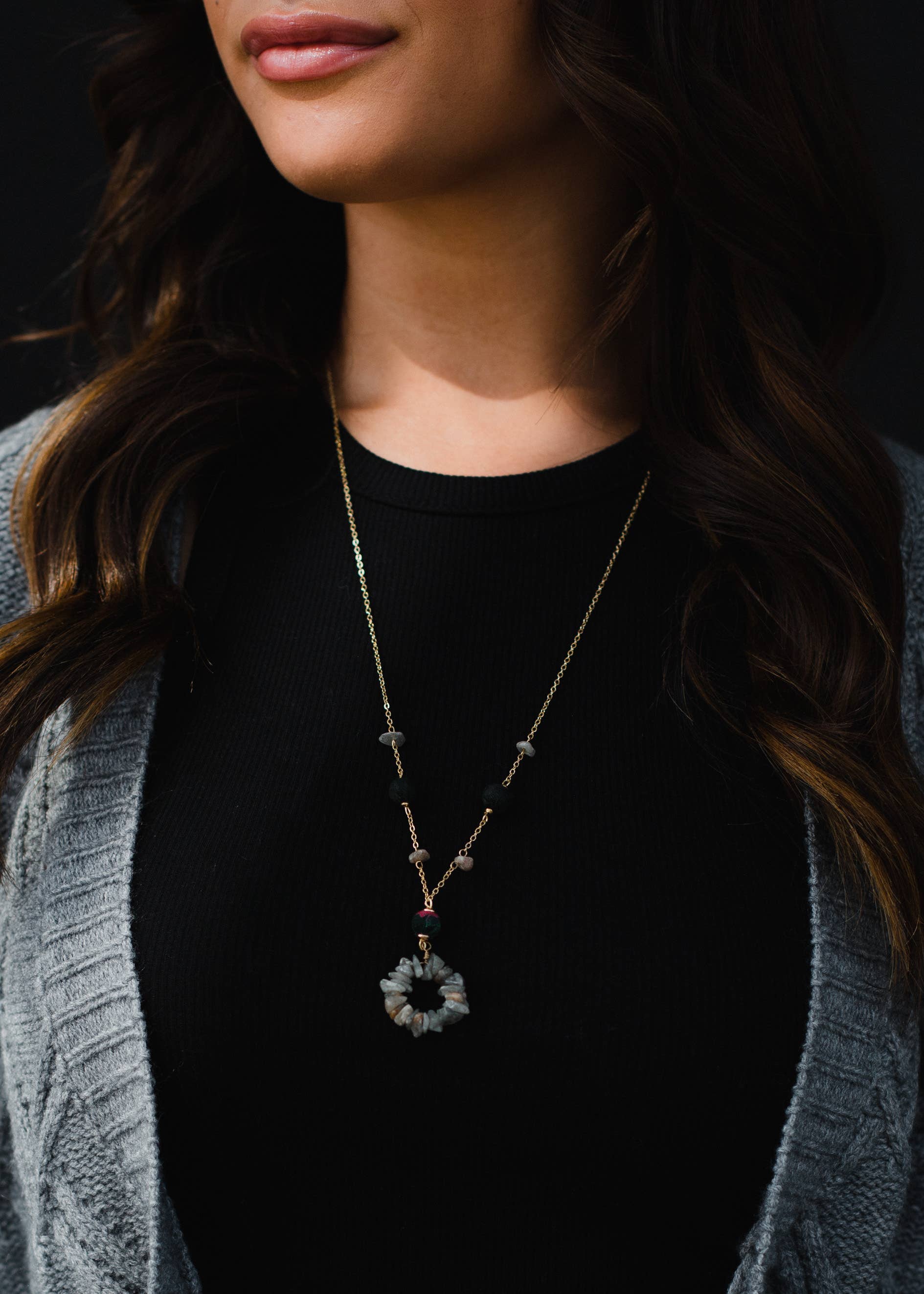 Gold, Gray & Black Beaded Stone Long Necklace