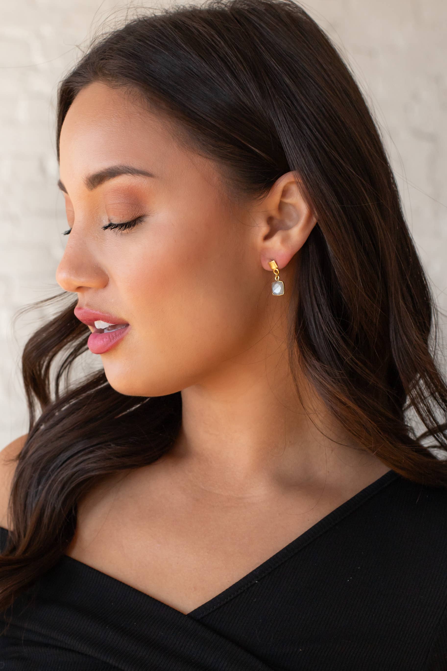Panache Apparel Co. Gold Square Dangle Earring with Gray Stone