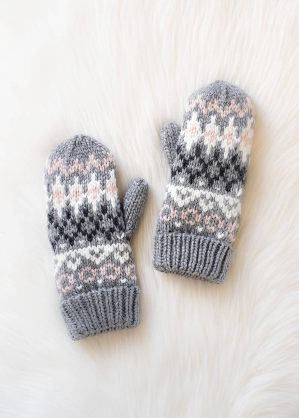 Gray, White & Blush Winter Pattern Mittens