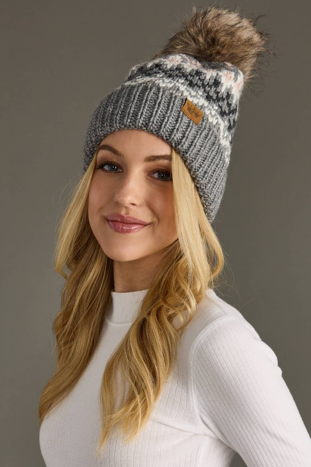 Gray, White & Blush Winter Pattern Pom Hat