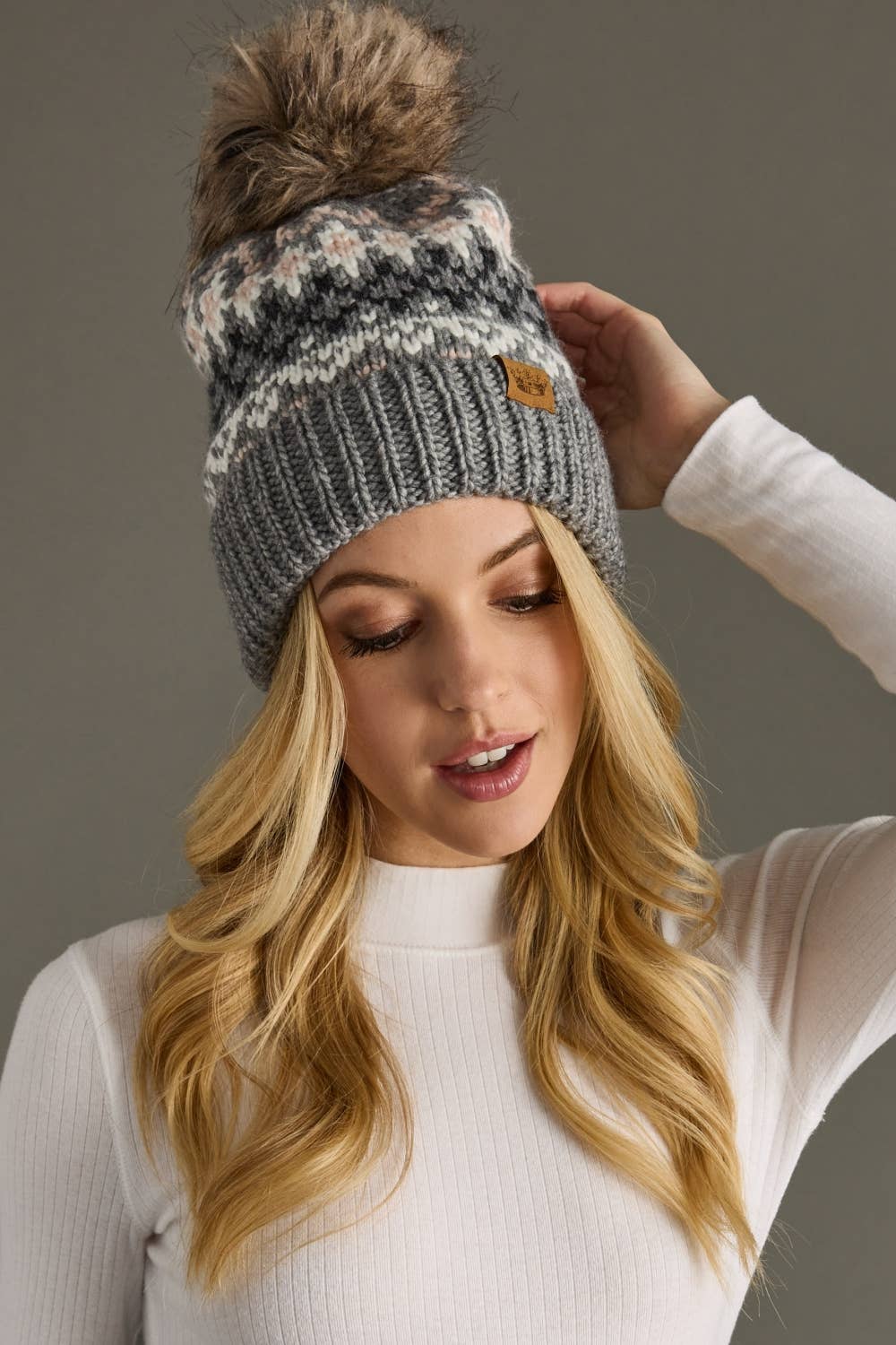 Panache Apparel Co. Beanie Gray, White & Blush Winter Pattern Pom Hat