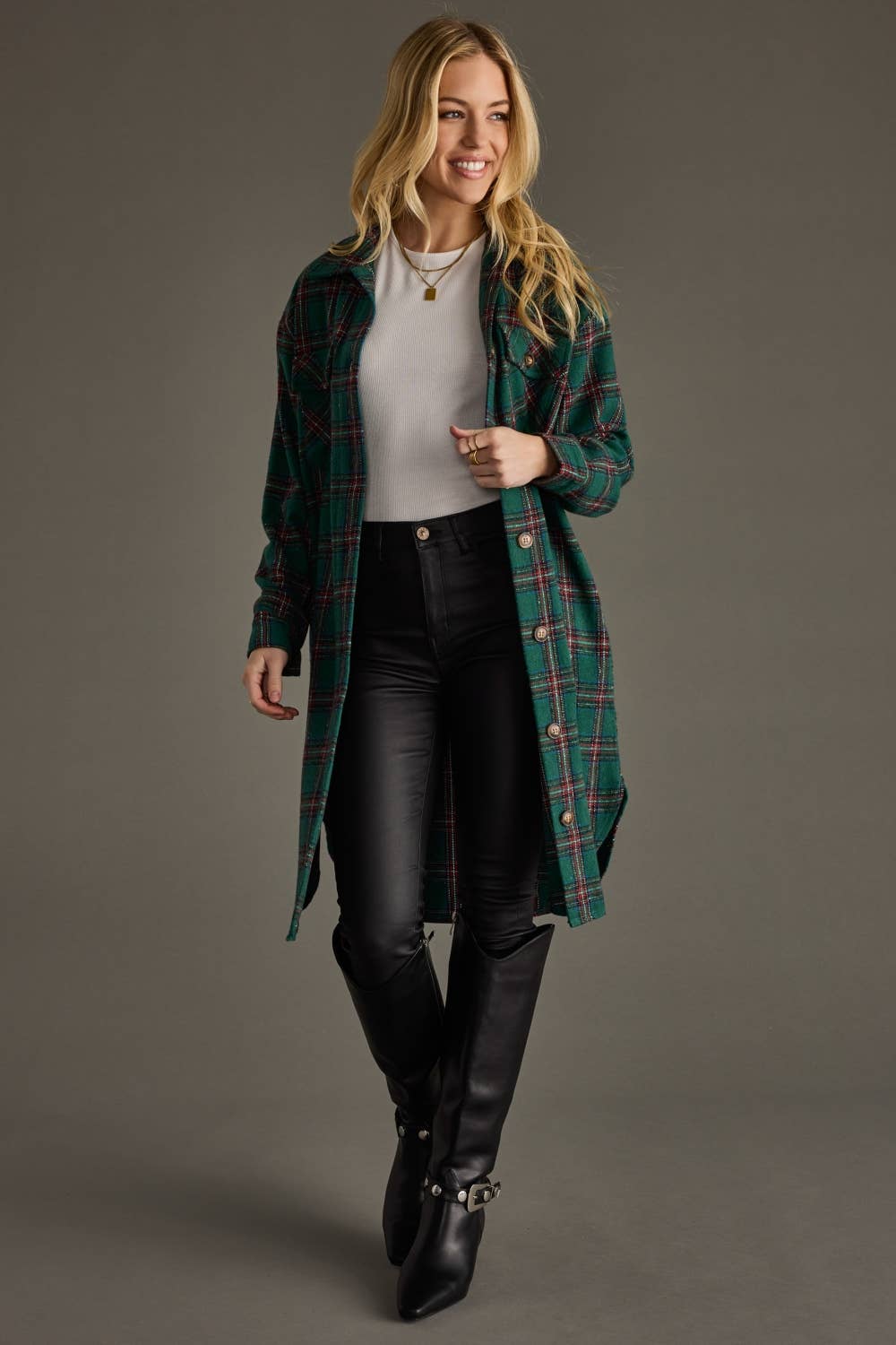 Panache Apparel Co. Shacket Green, Red & Blue Plaid Long Shacket