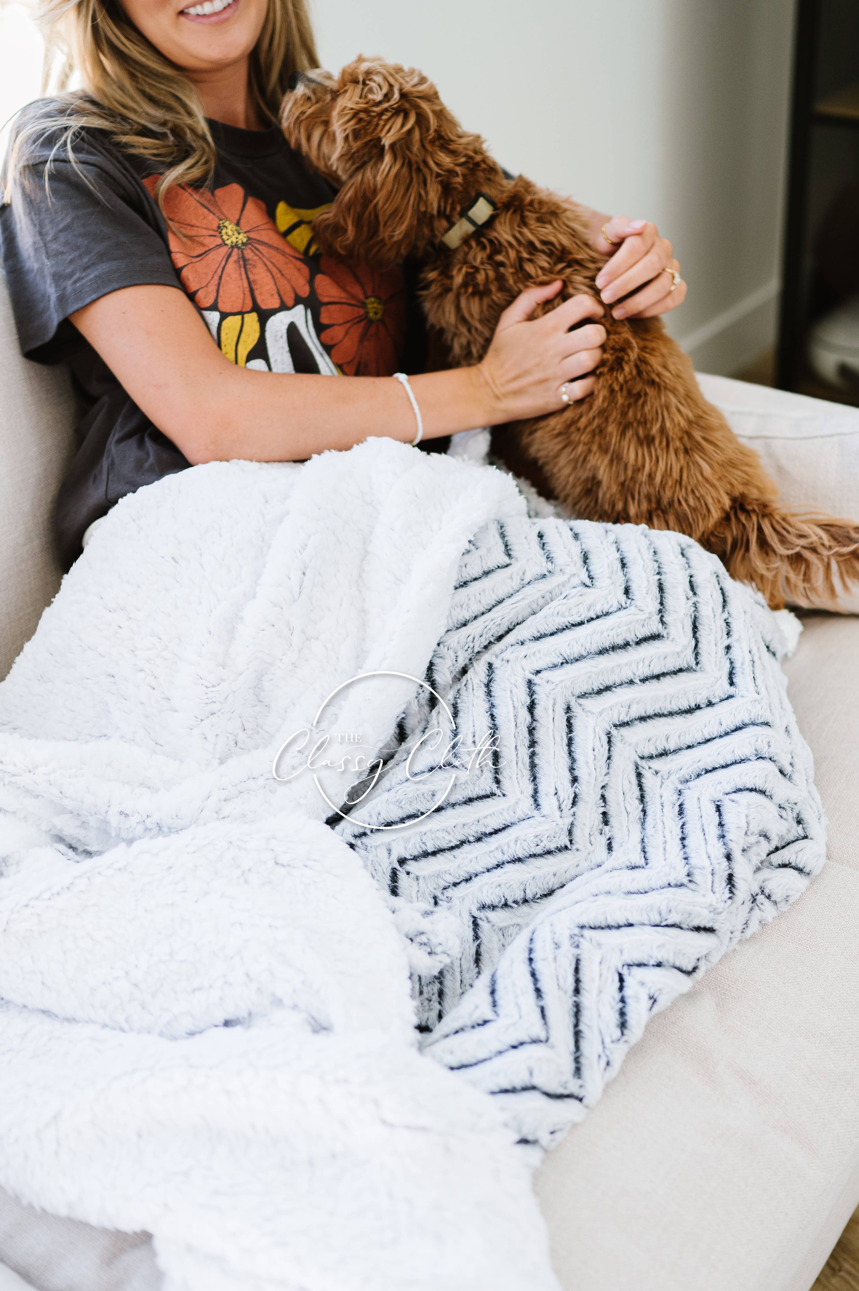 Grey Black Chevron Faux Fur Throw Blanket