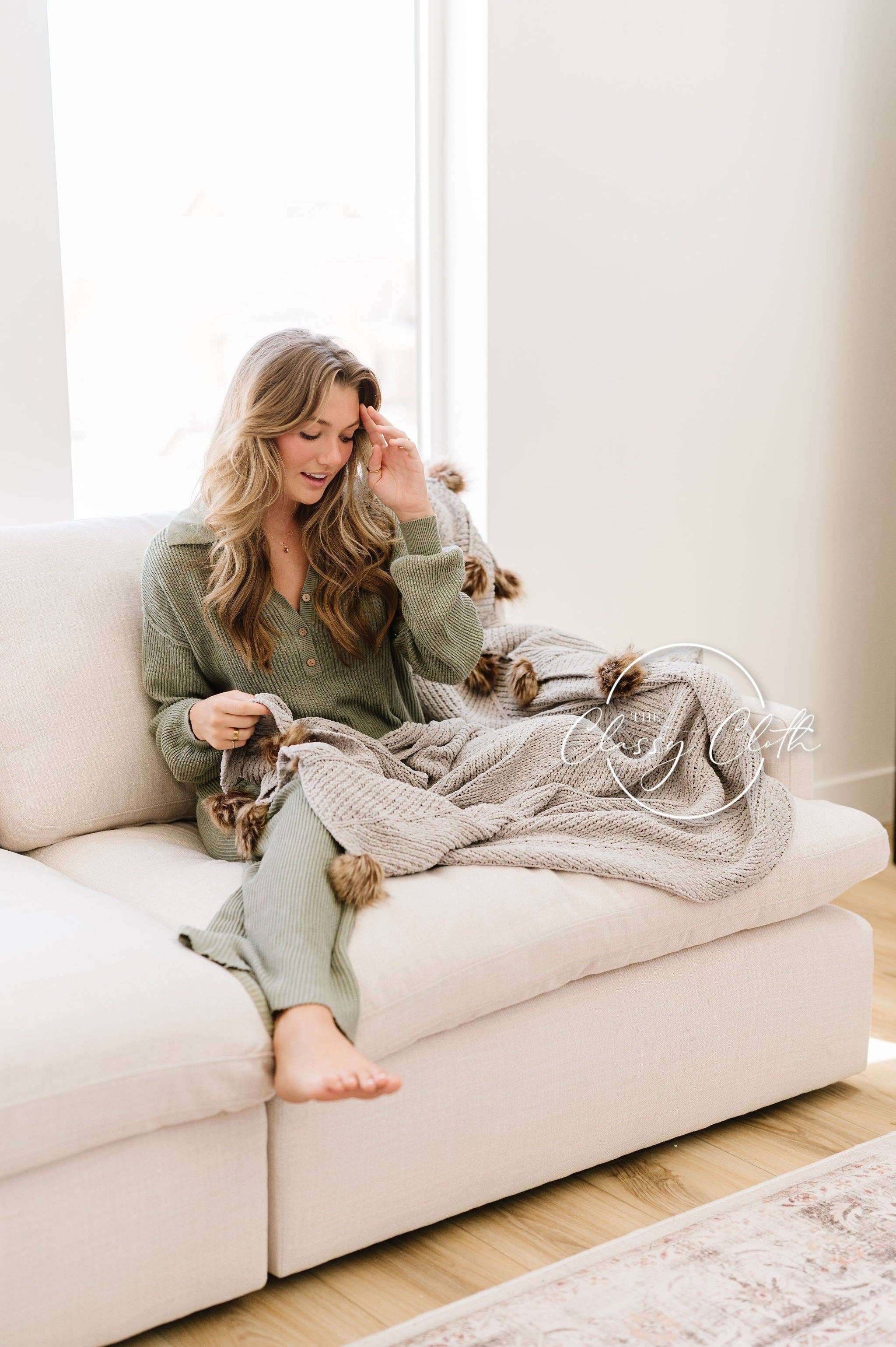 Grey Chenille Pom Blanket