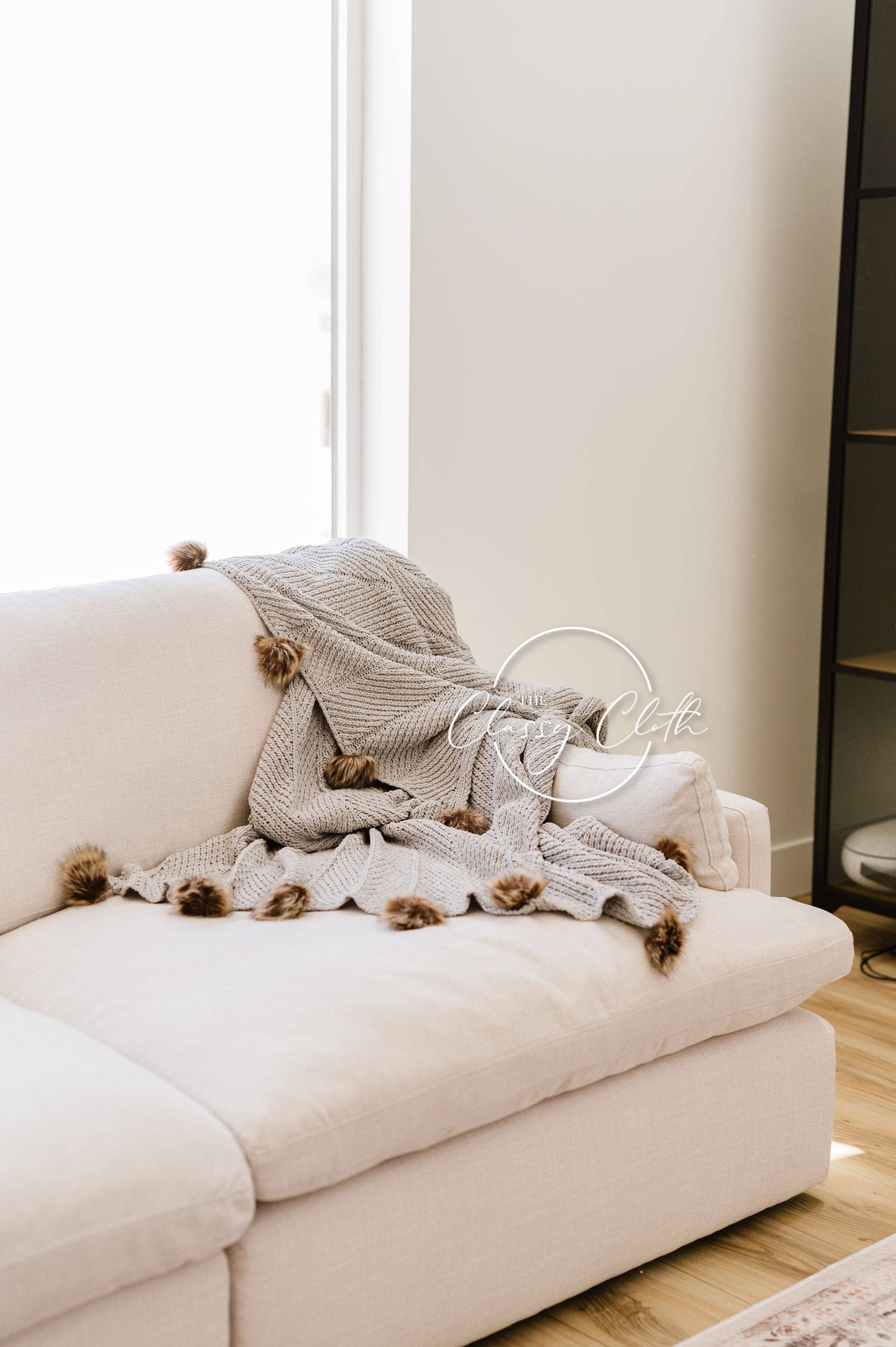 The Classy Cloth WS Blanket Grey Chenille Pom Blanket