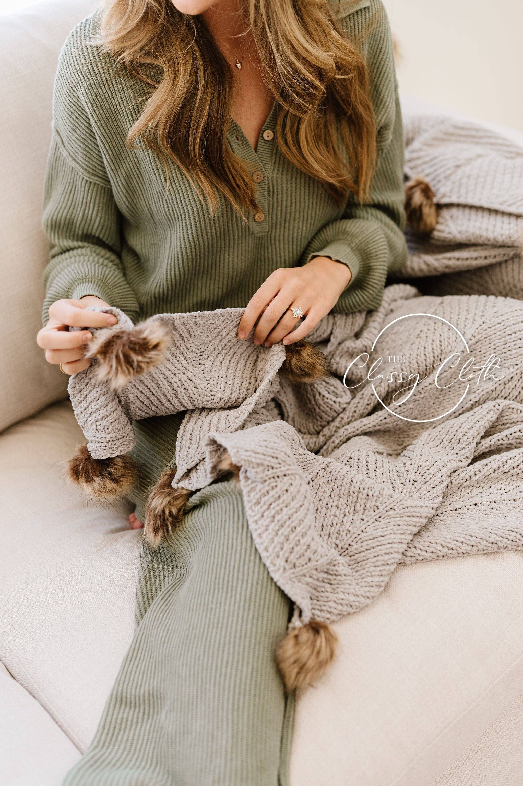 Grey Chenille Pom Blanket