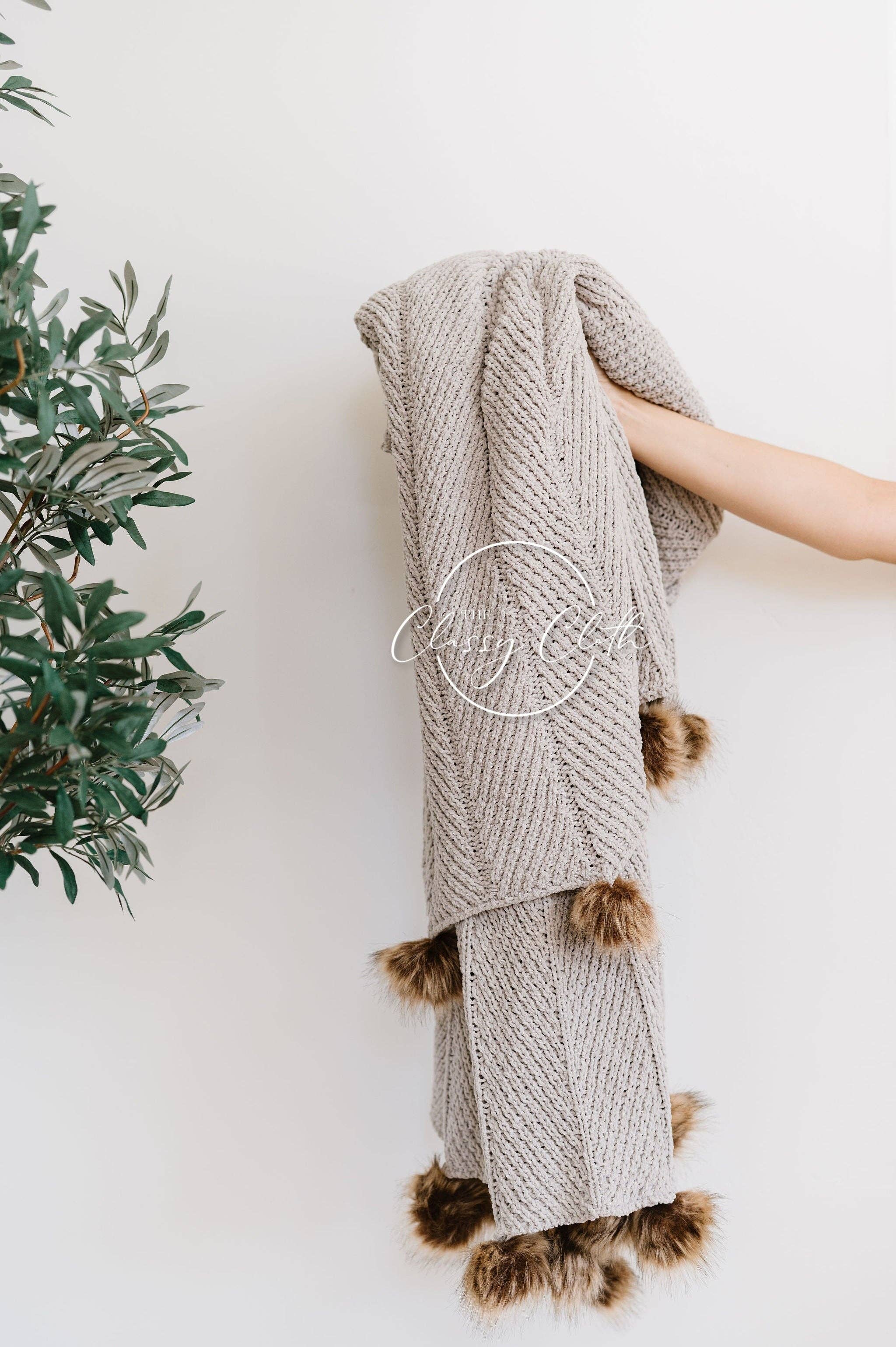 Grey Chenille Pom Blanket