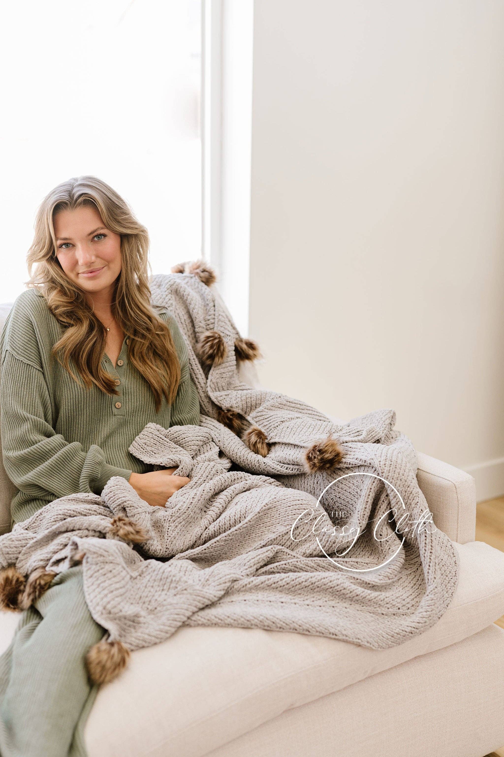 Grey Chenille Pom Blanket
