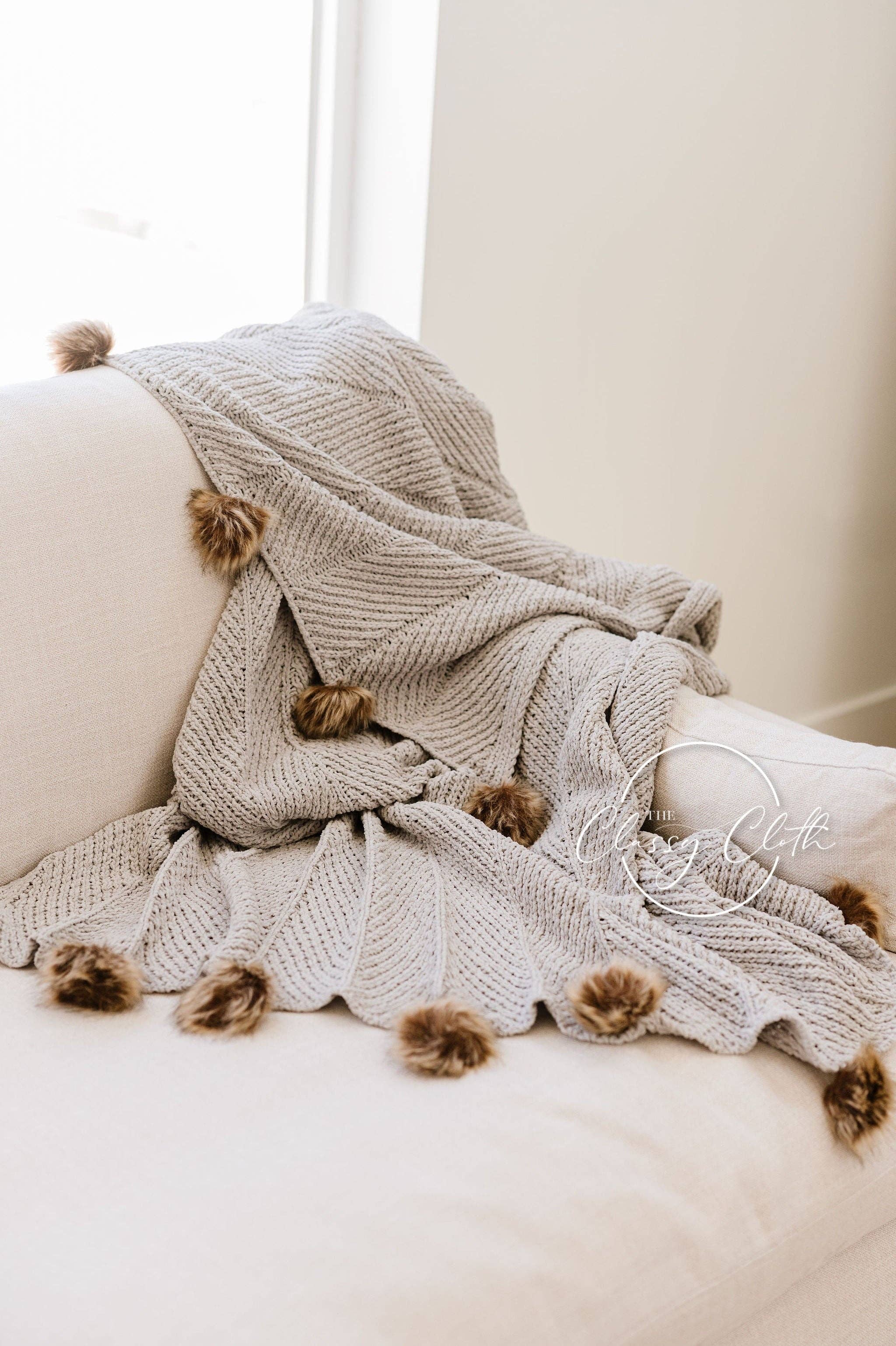 The Classy Cloth WS Blanket Grey Chenille Pom Blanket