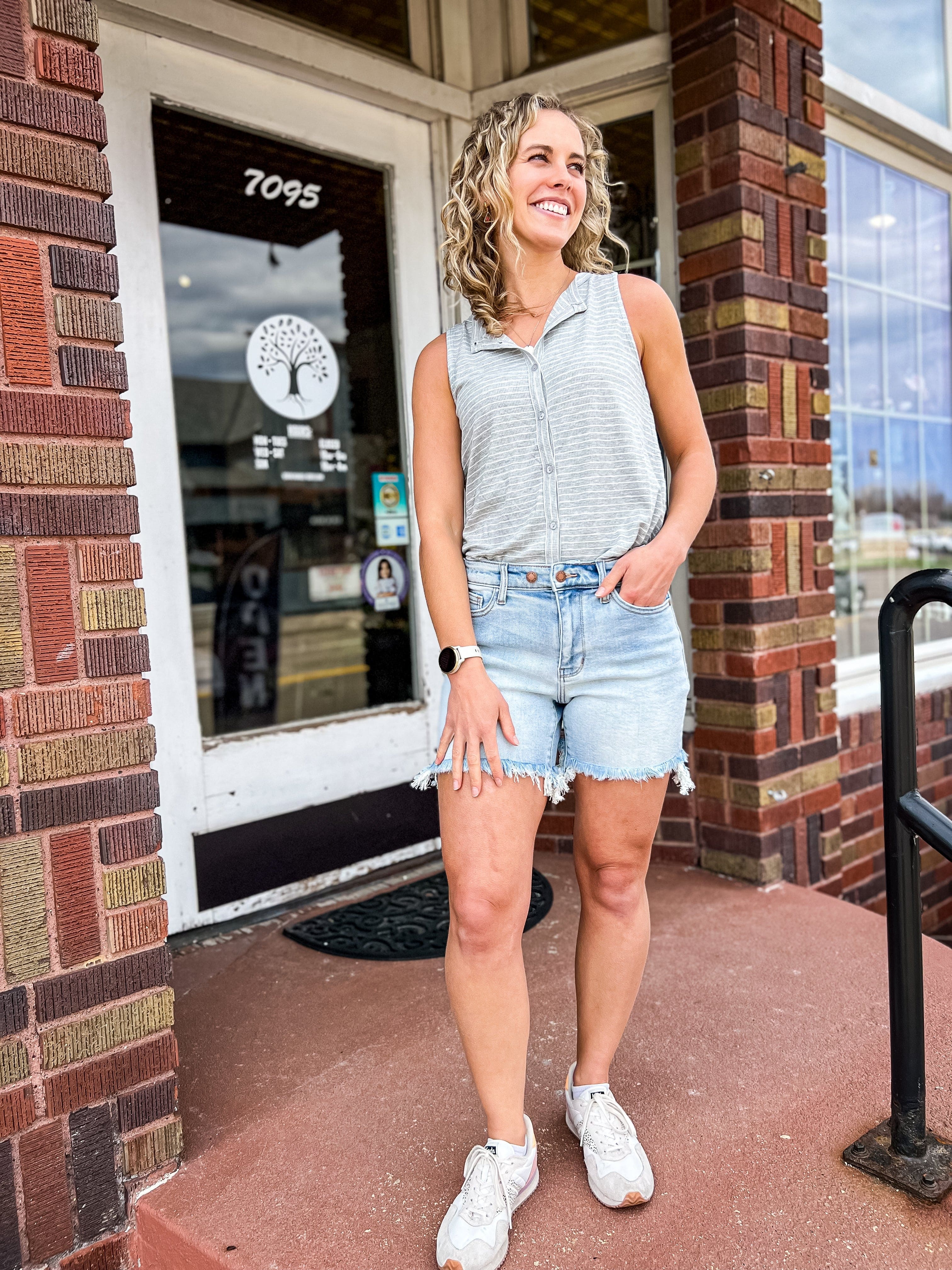 Grey Striped Button Down Knit Tank