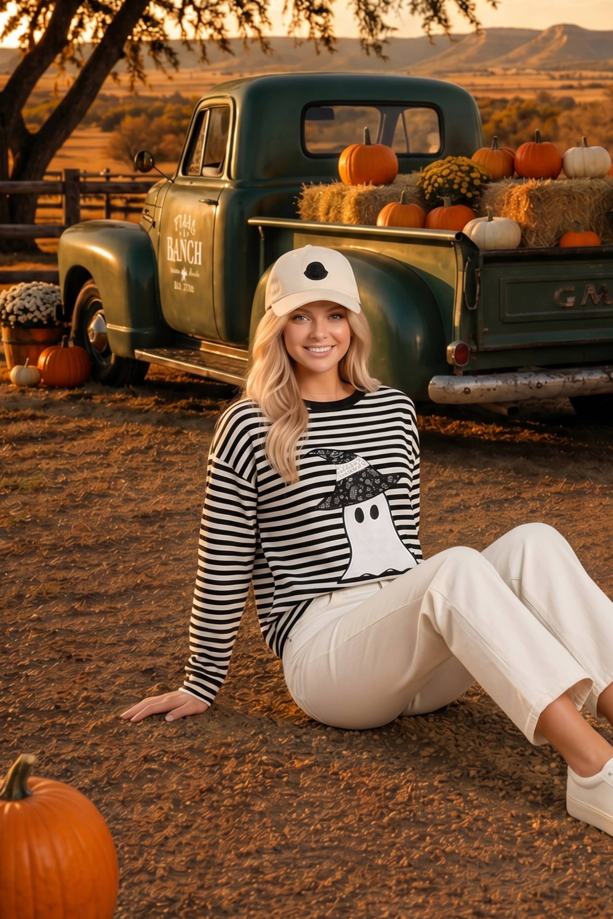Main Strip Shirt Halloween Ghost Appliqué Striped Long Sleeve Top