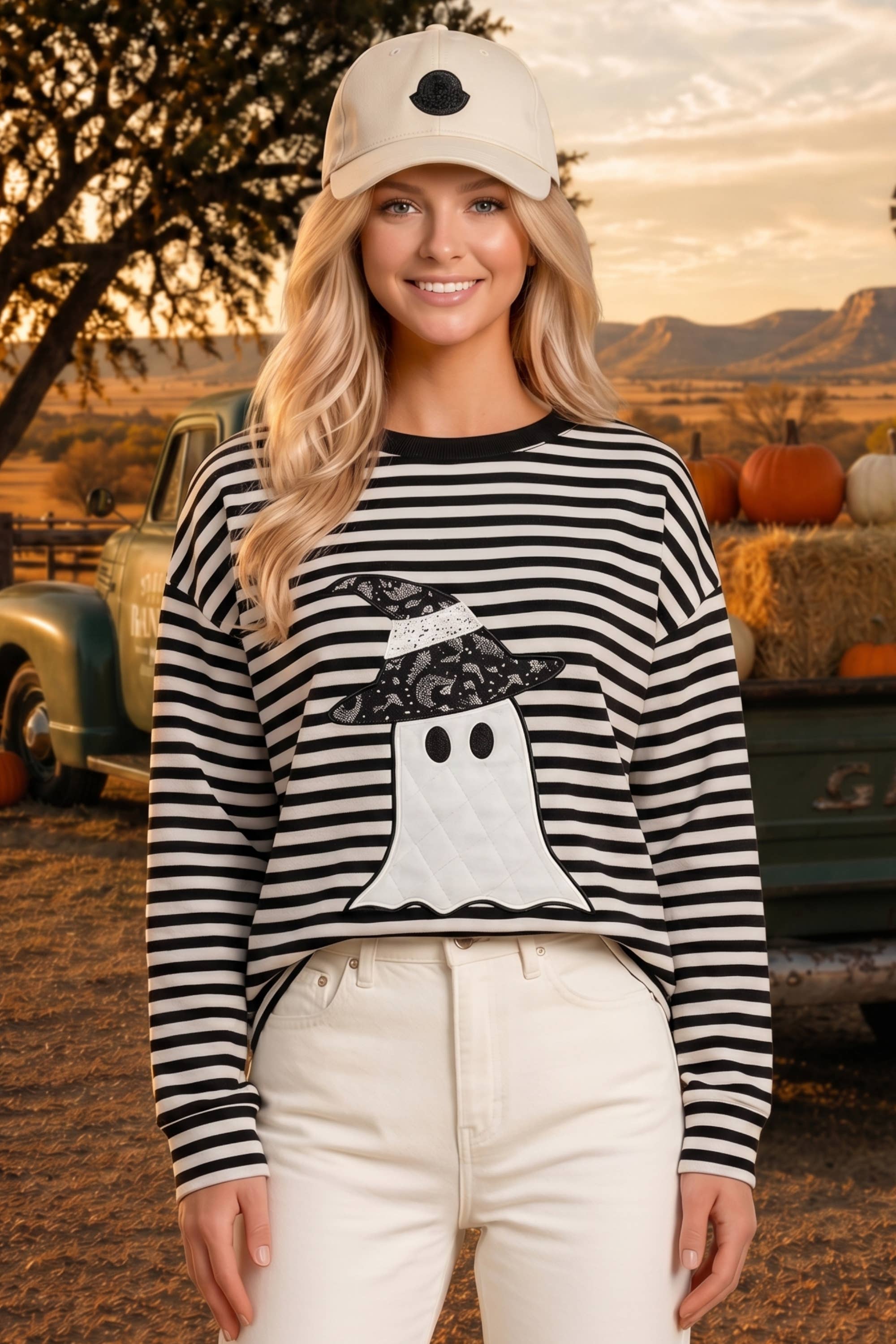 Main Strip Shirt Halloween Ghost Appliqué Striped Long Sleeve Top