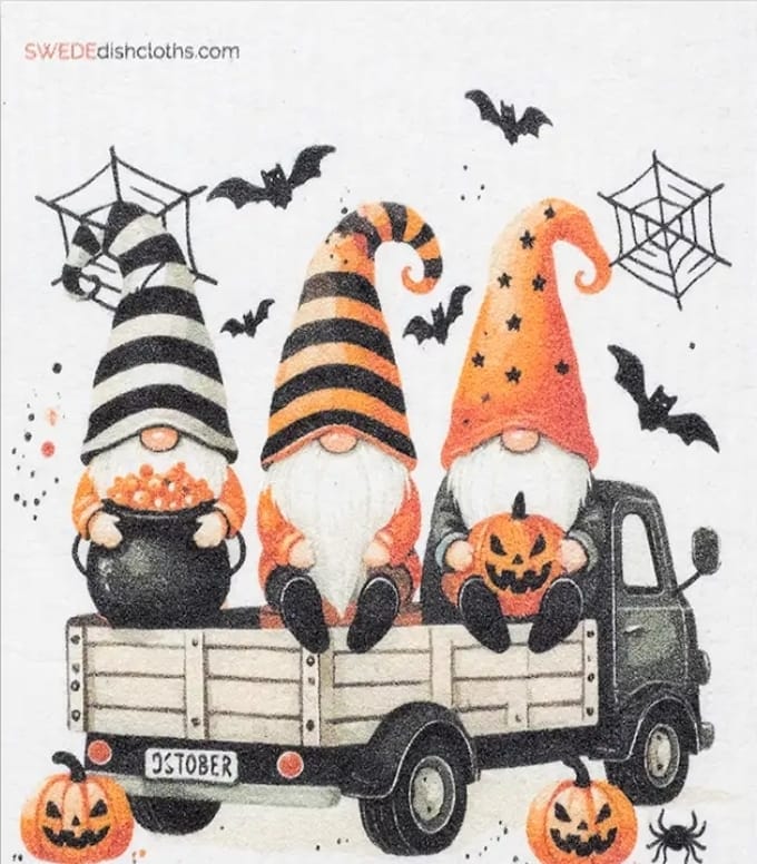 Halloween Gnomes with Pumpkins Pattern Swedish Sponge Cloth