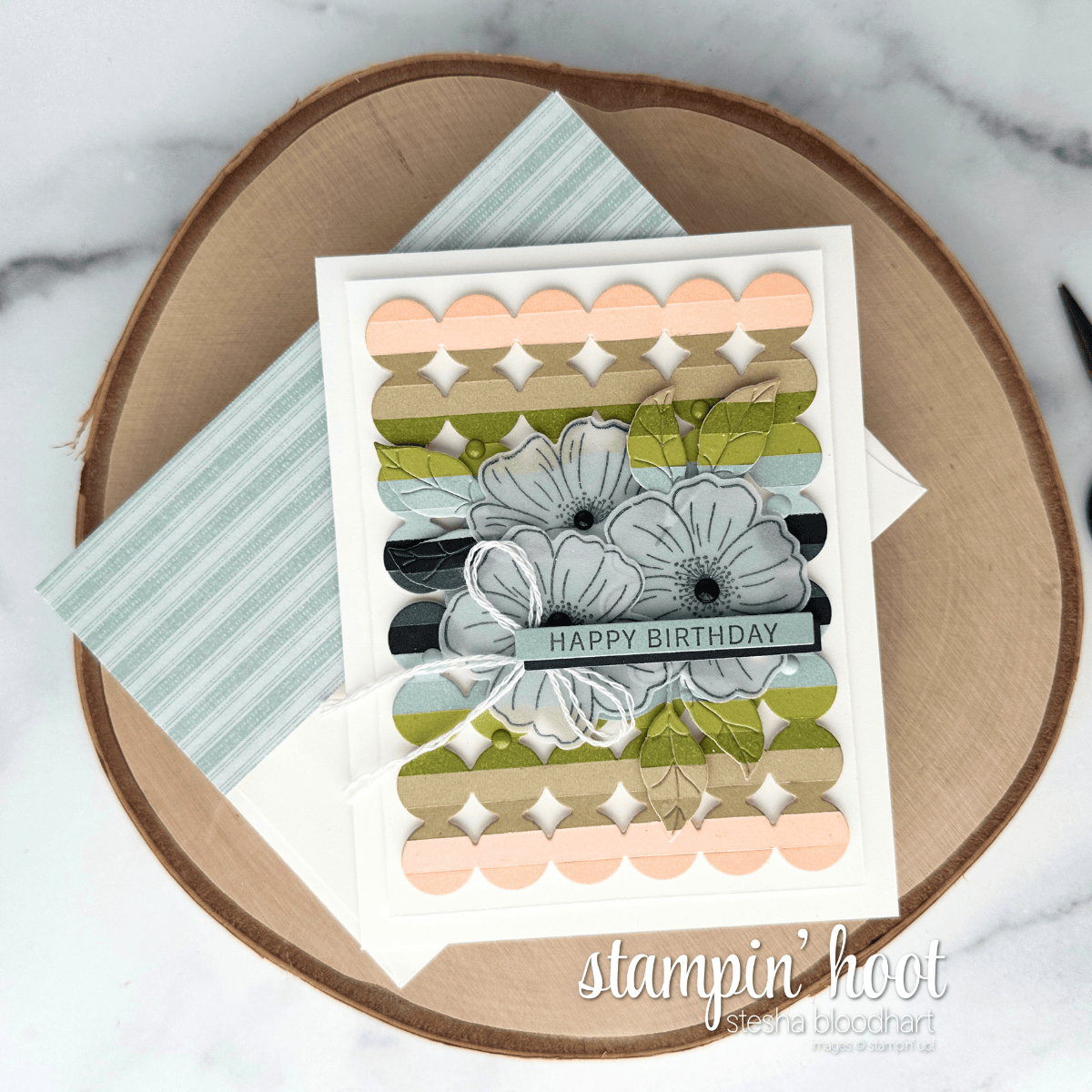 SH #715 (Stesha) handmade floral birthday card Handmade Floral & Scalloped Stripes Happy Birthday Card