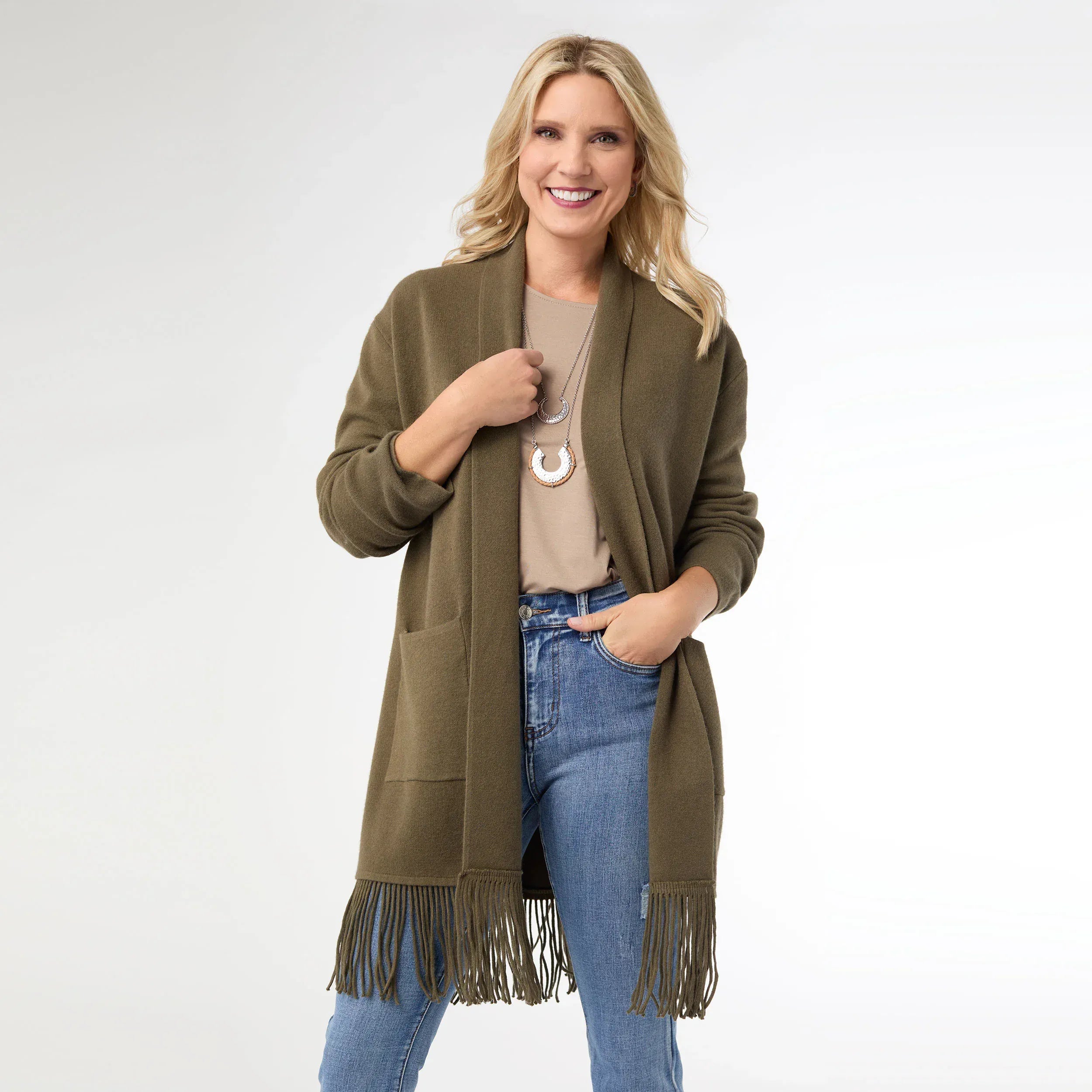Humble Roots Boutique Sweater Heavenly-Luxe Mid Length Cardigan with Fringe