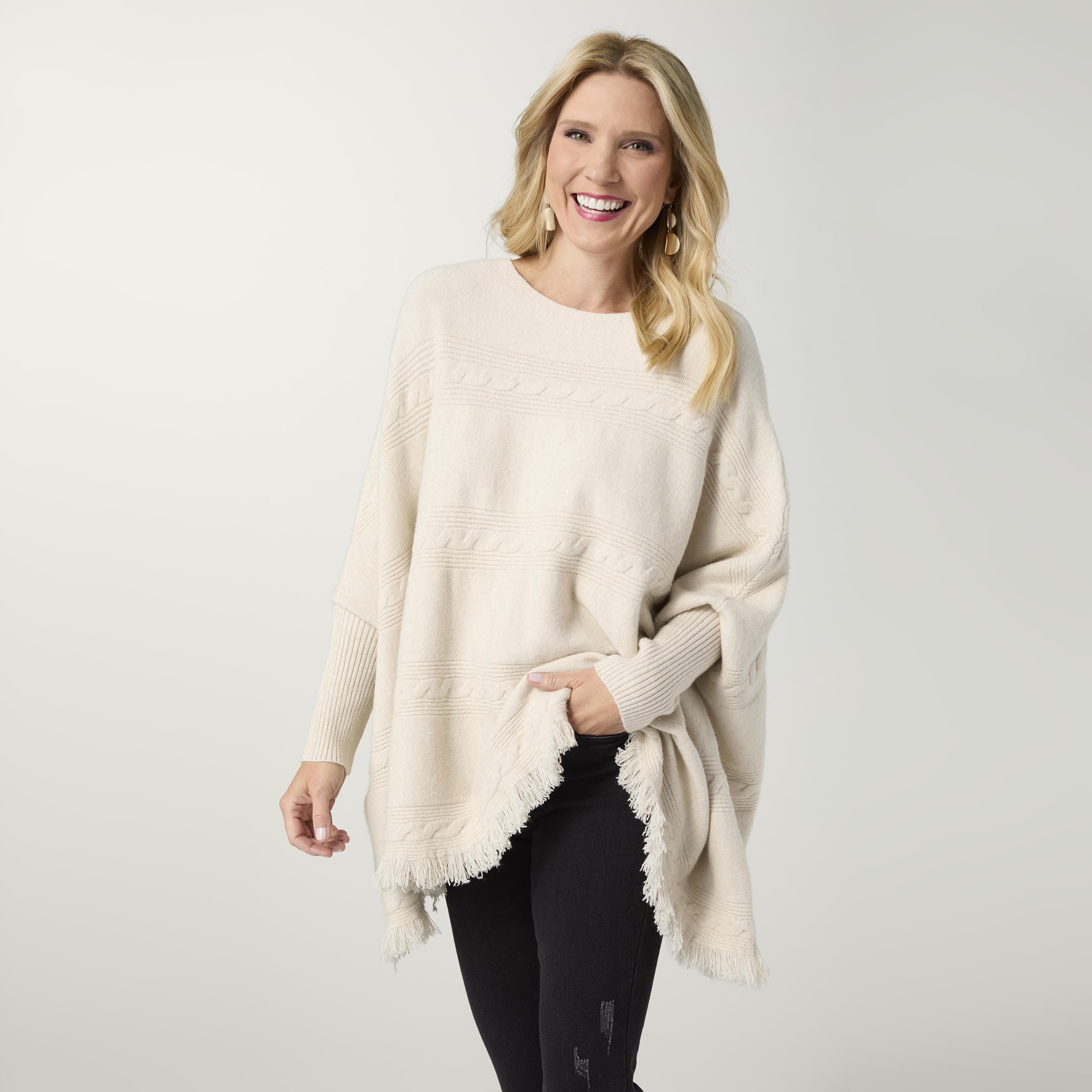 CoCo Carmen Poncho Heavenly-Luxe Oatmeal Cable Knit Boatneck Poncho
